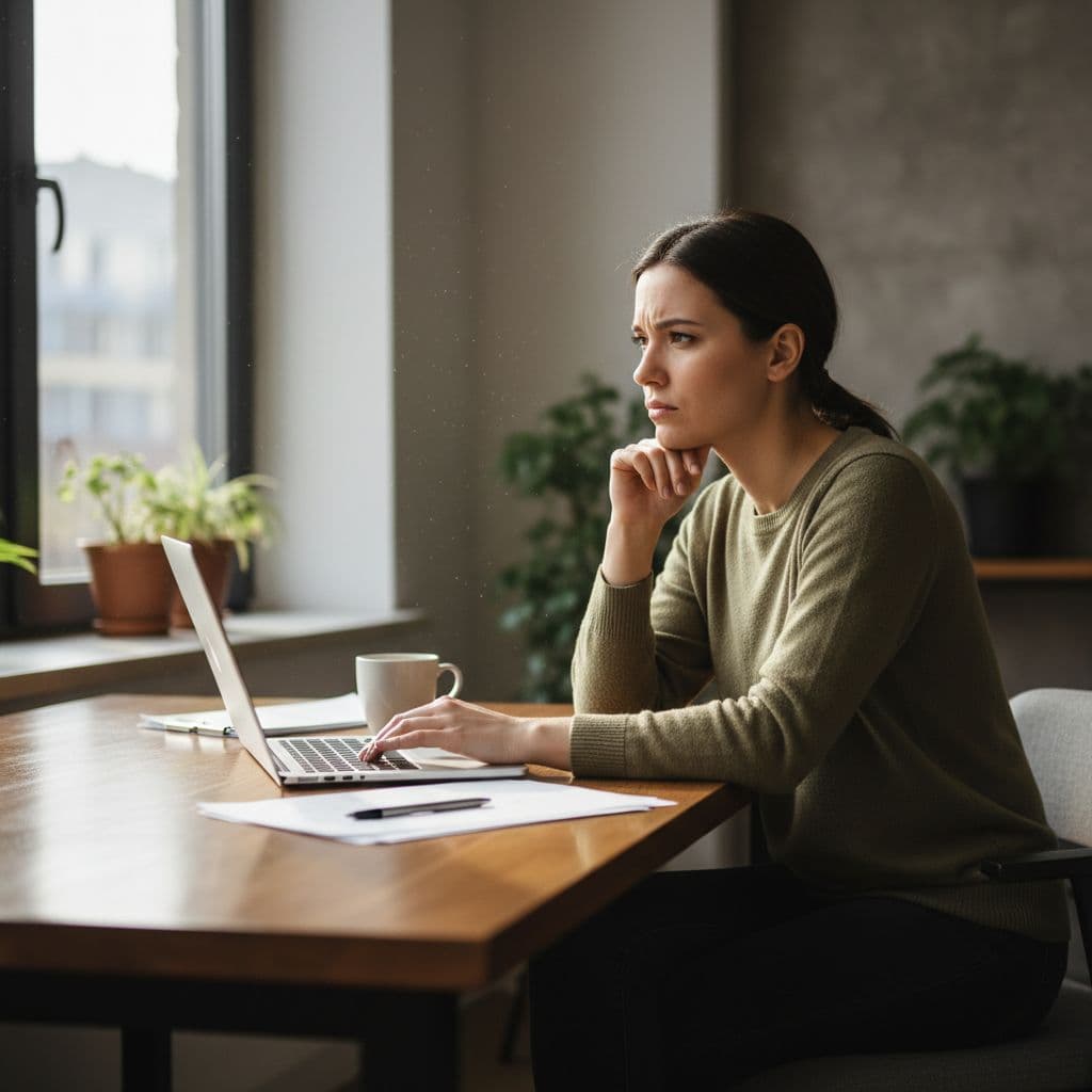 A woman sits at a minimalist wooden desk with a silver laptop, caught in the loop of tyring to achieve perfectionism in her business 