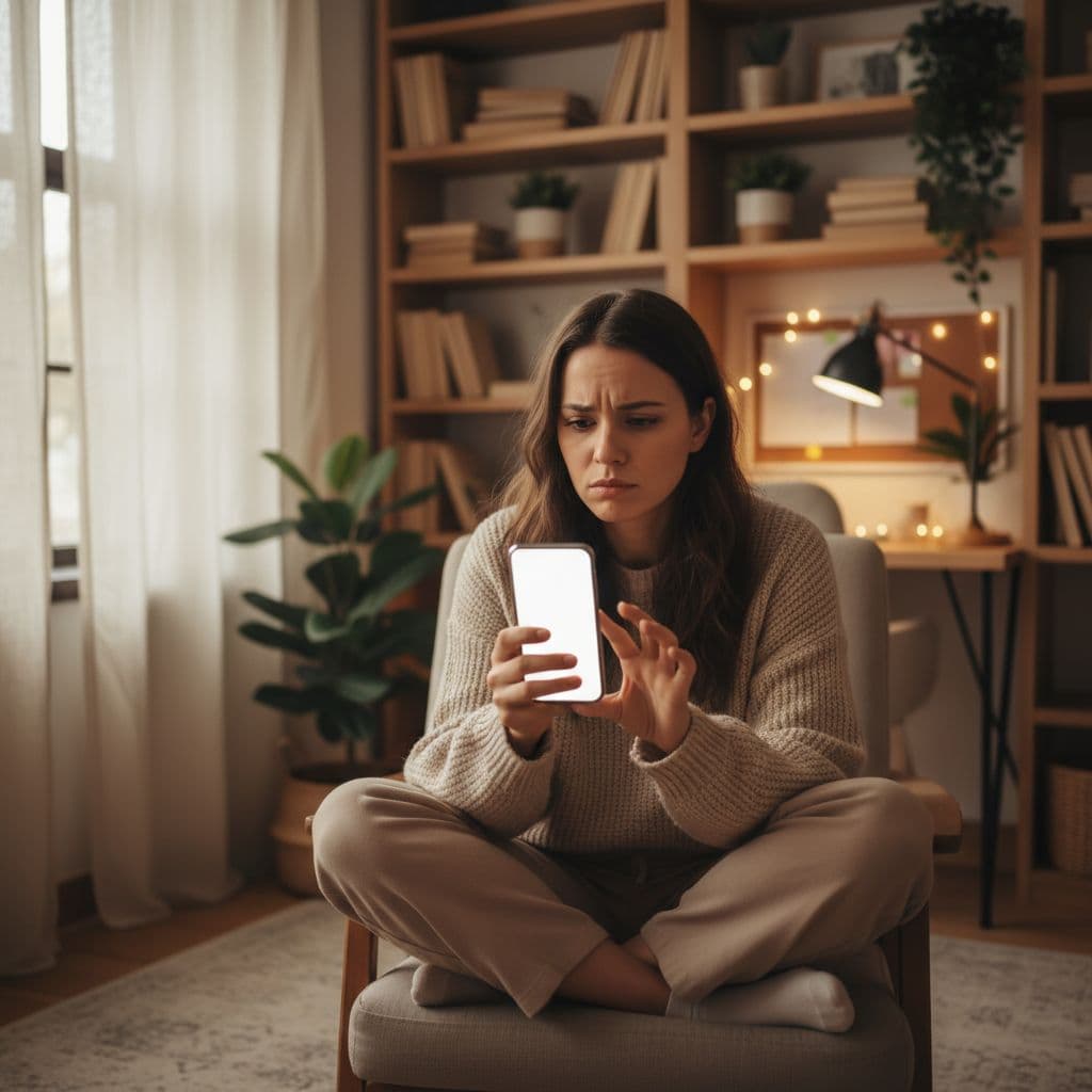 A woman sits in a warm office space looking thoughtful while holding her phone.