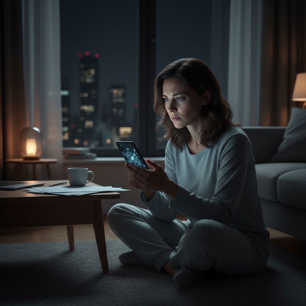 Overthinking at night demonstrated by a woman sits in a dark, quiet room illuminated only by the light from her smartphone screen.