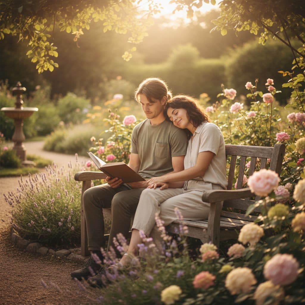 Two people sit together in a quiet garden as one reads a book and the other rests.