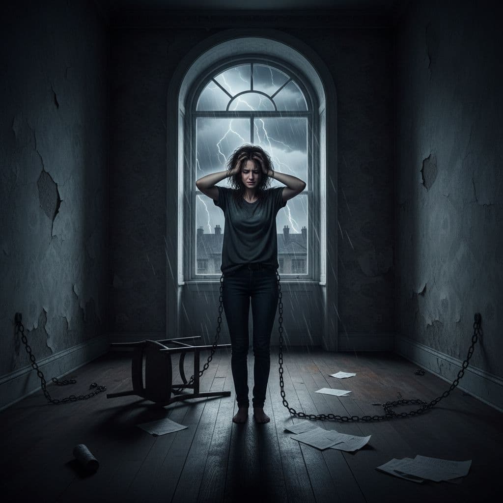 A person stands alone in a dimly lit room, framed by stormy weather through a nearby window.