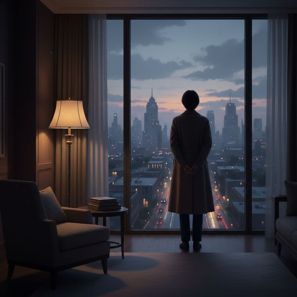 A lone person stands before a large window gazing at a blurred city at twilight.