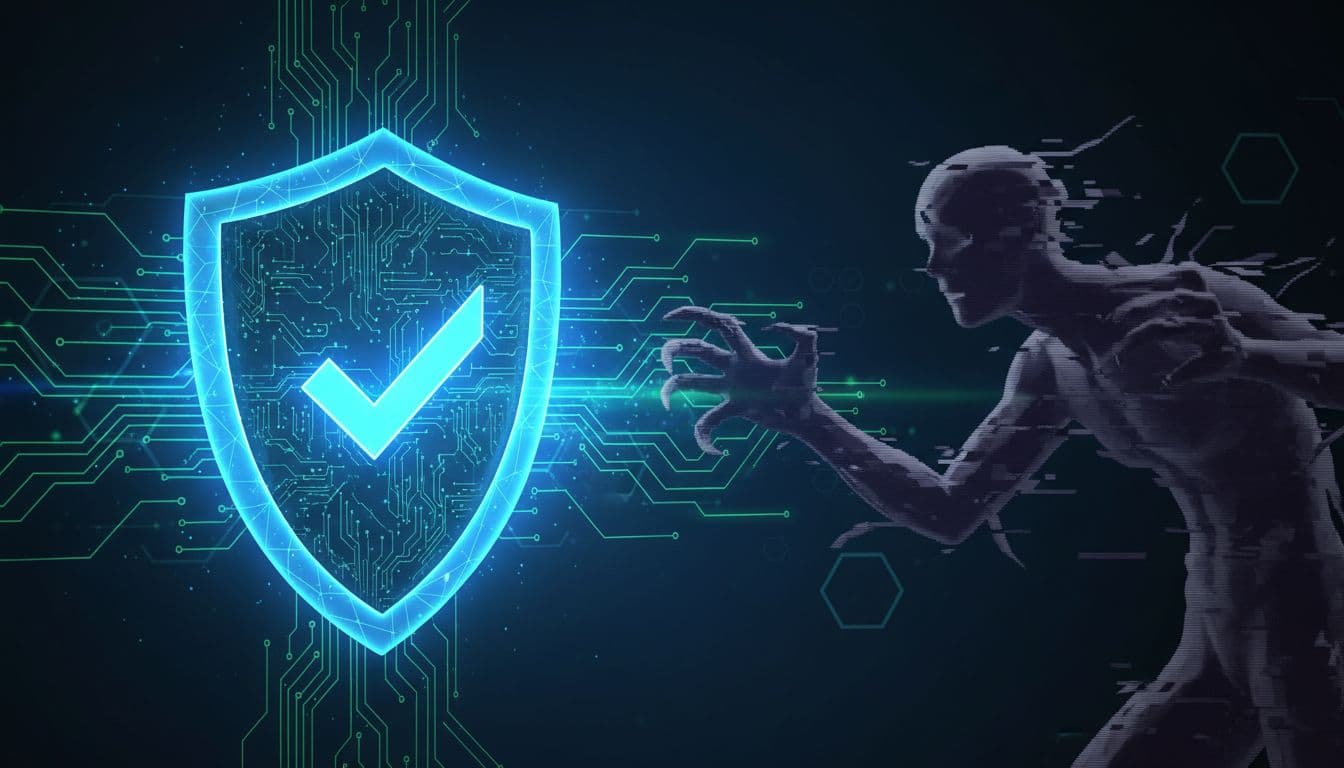 A simplified, abstract representation of digital security featuring a glowing secure shield on a circuit board contrasted with a fragmented shadow figure attempting to breach it, in a serious futuristic high-contrast digital art style.