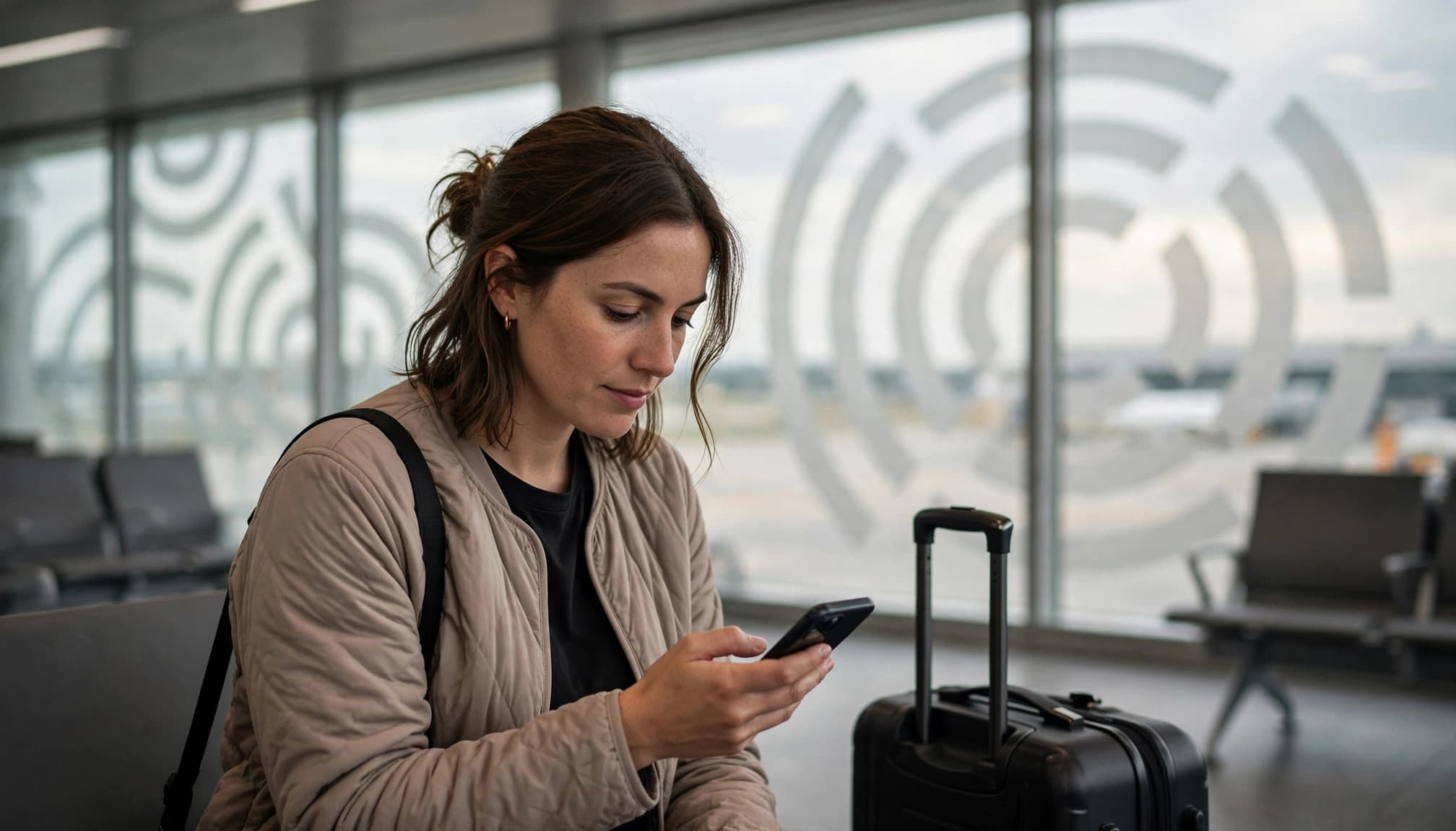 A traveler checks a phone beside a carry-on in an airport arrivals area.