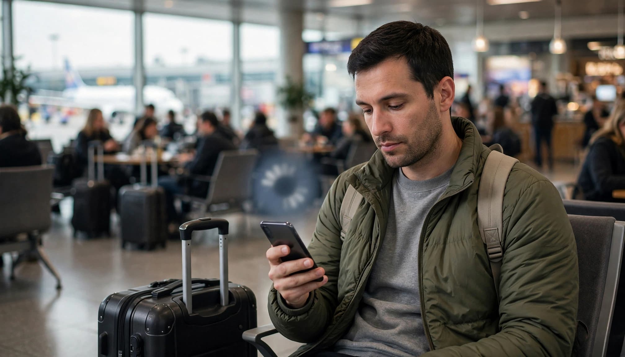 A traveler checks a phone beside a suitcase at a busy airport gate.