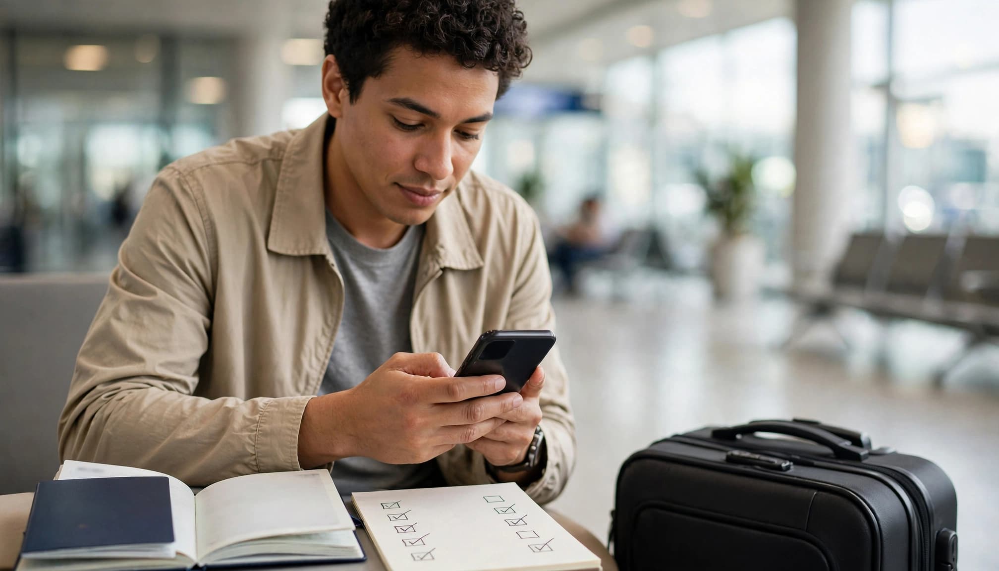Traveler checking a smartphone beside a suitcase and passport at an airport arrival gate.