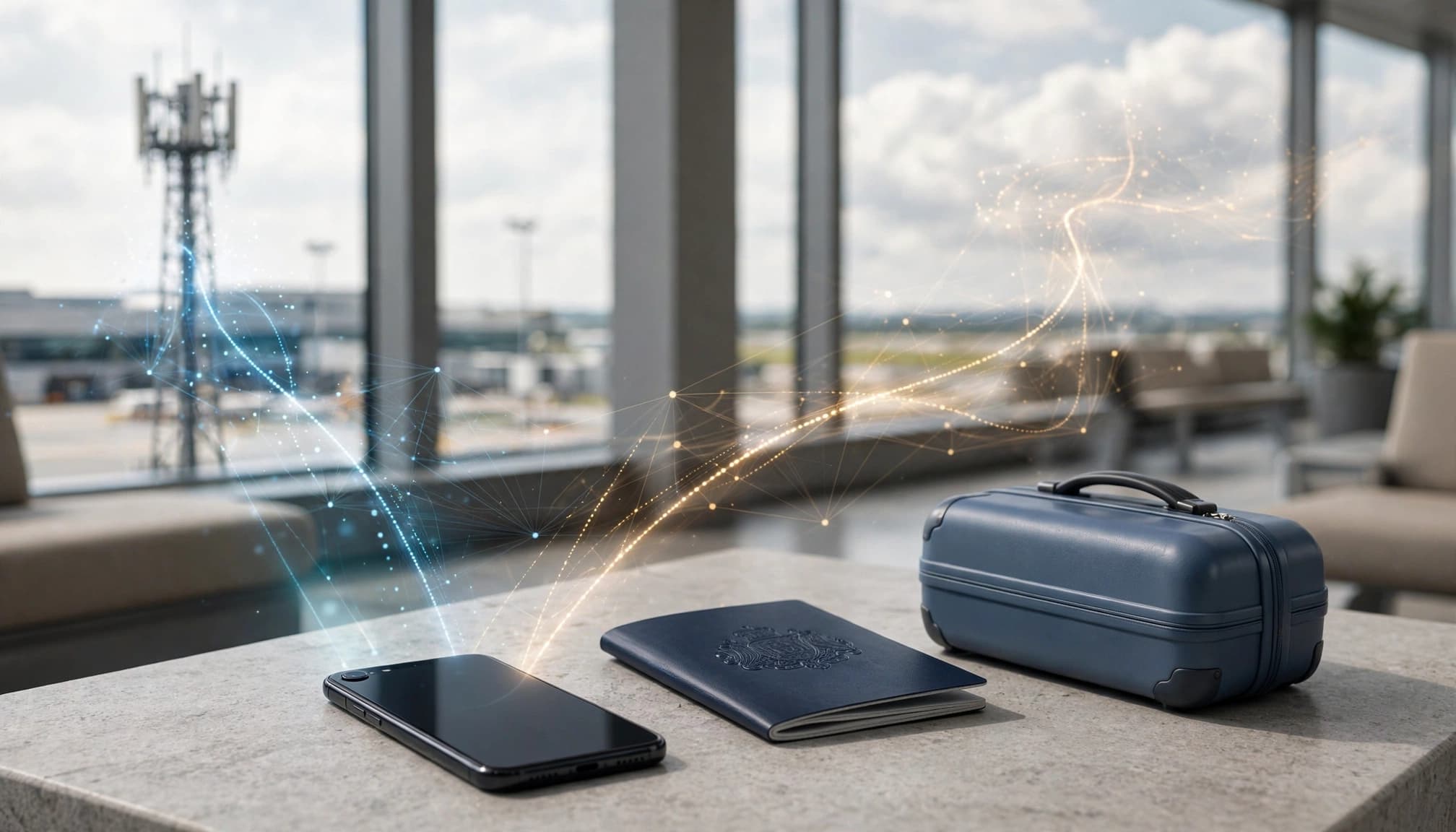 A smartphone, passport, and suitcase with soft network signals in an airport lounge.