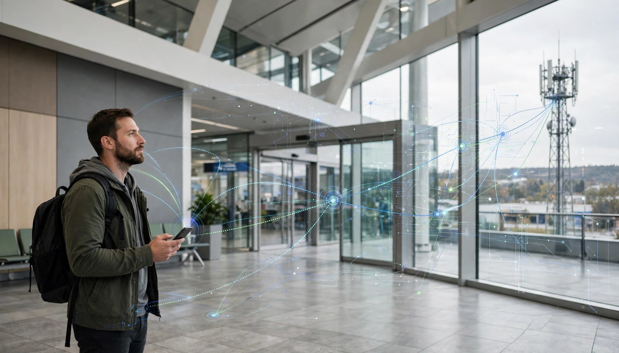 A traveler checks a phone in an airport arrival hall near a cellular tower.