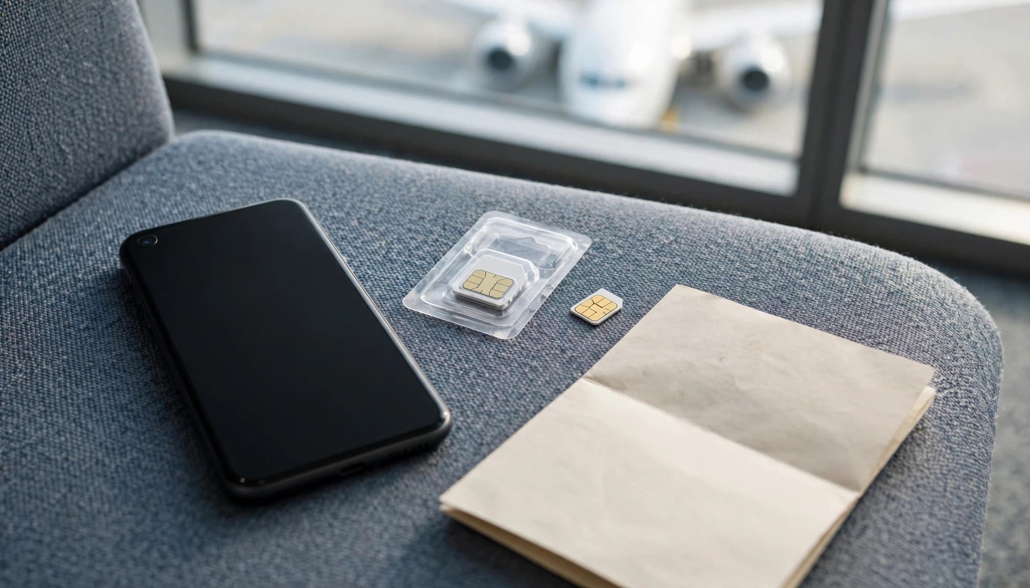 A smartphone, unopened SIM card, and paper itinerary on airport seating.