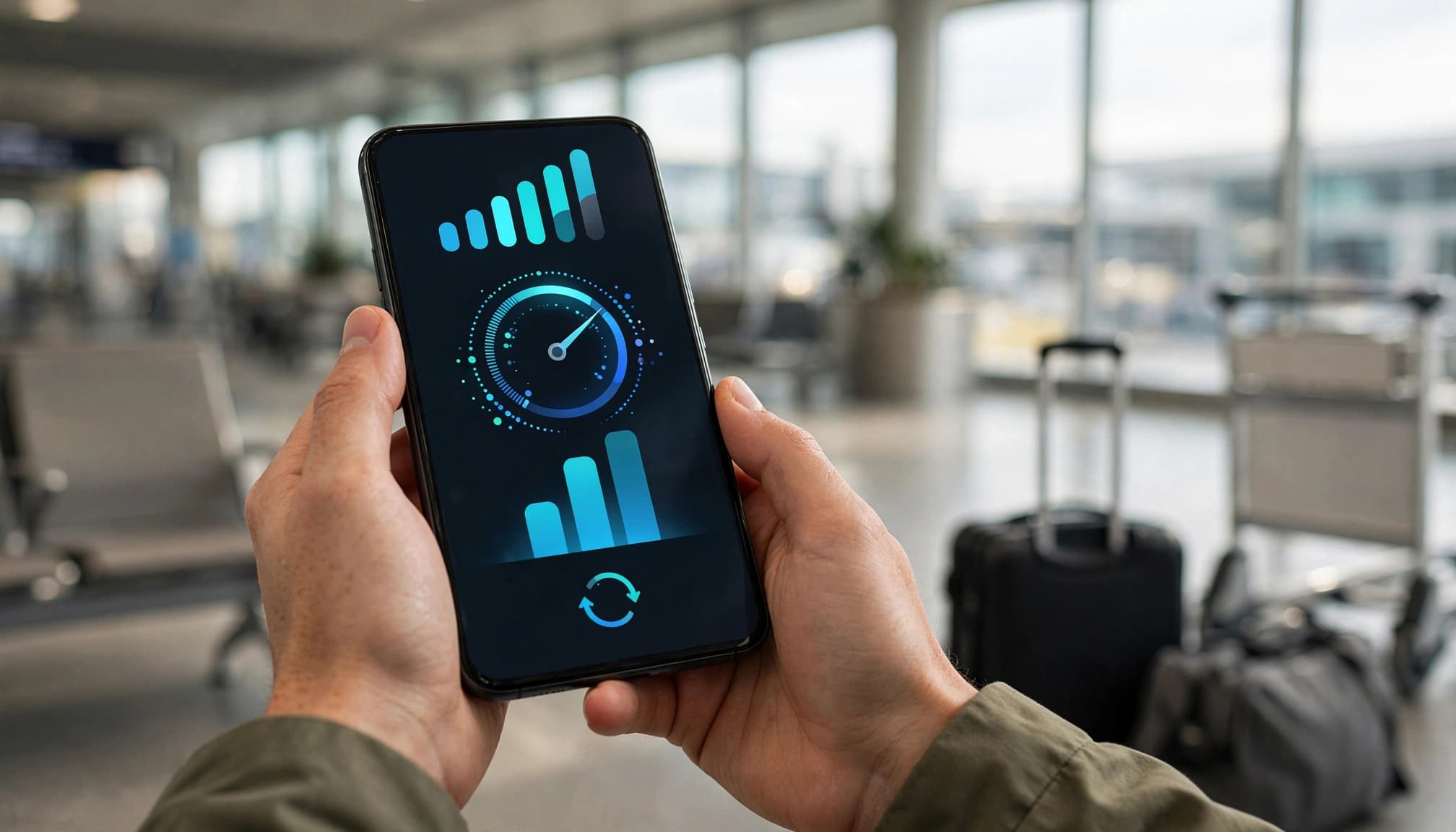Traveler testing a smartphone connection in a bright airport terminal.