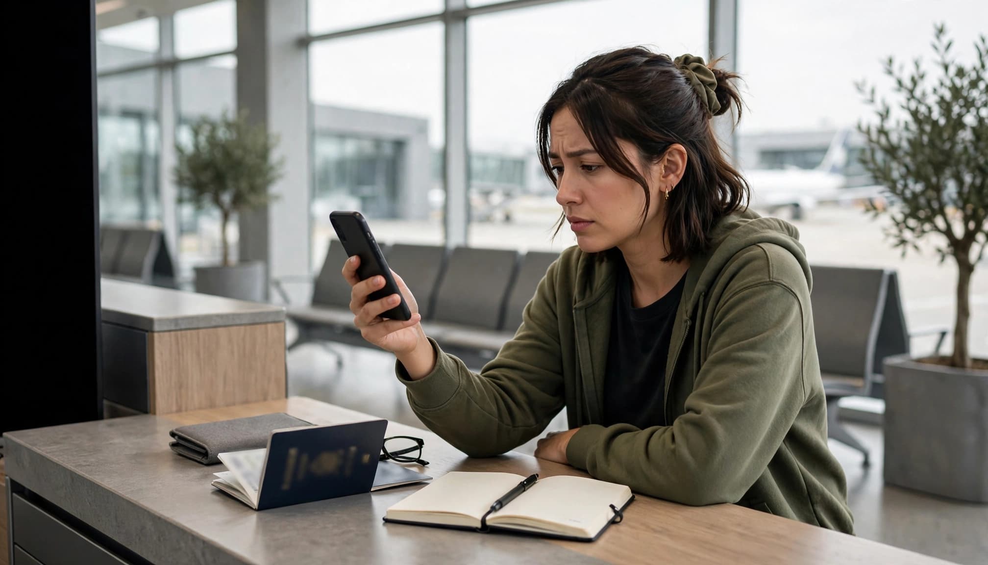 A traveler checks a phone beside an airport counter with a passport and notebook.