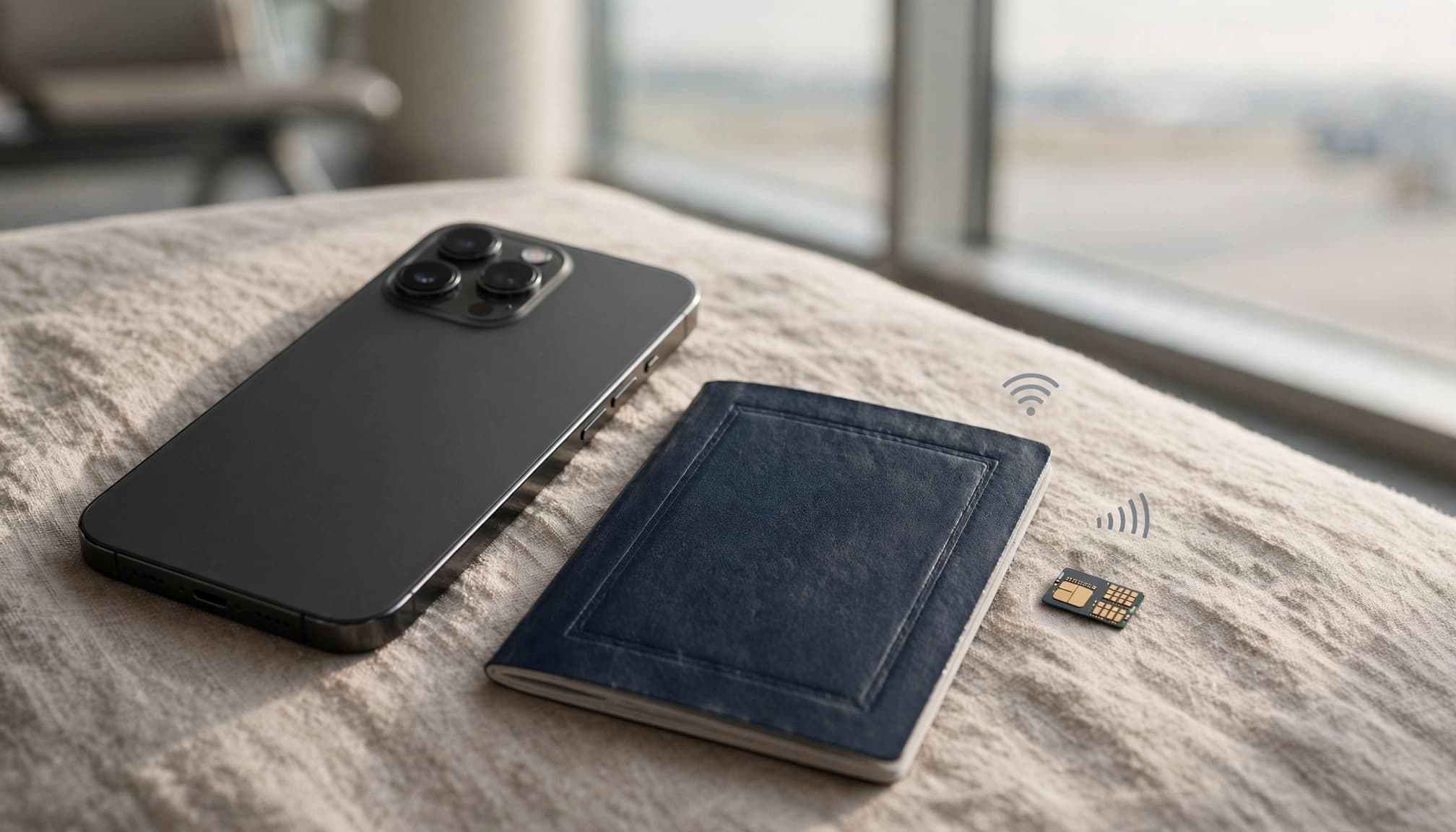 A phone, passport, and small eSIM card sit beside an airport window.