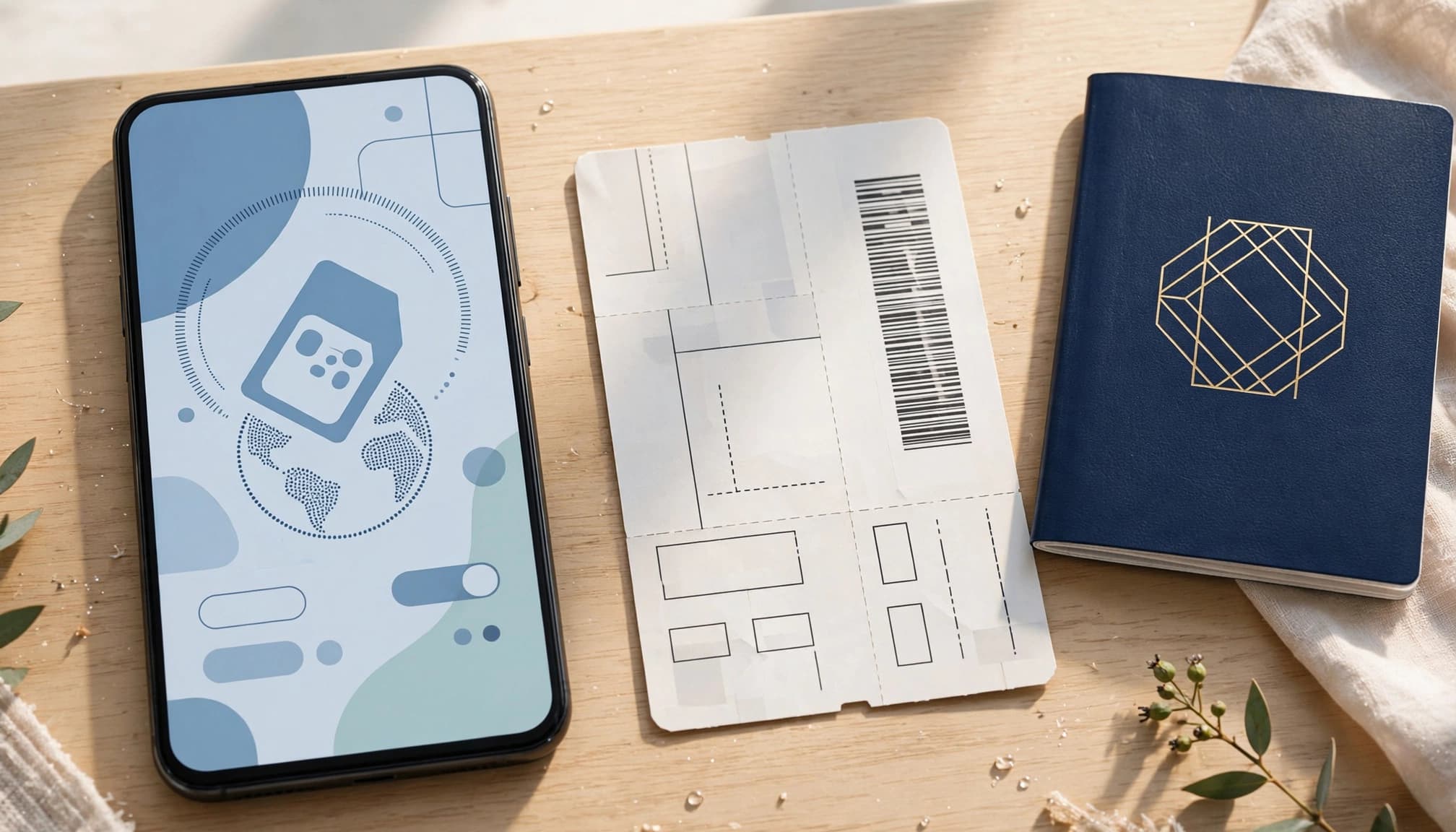 A smartphone, passport, and boarding pass sit together on a bright airport table.