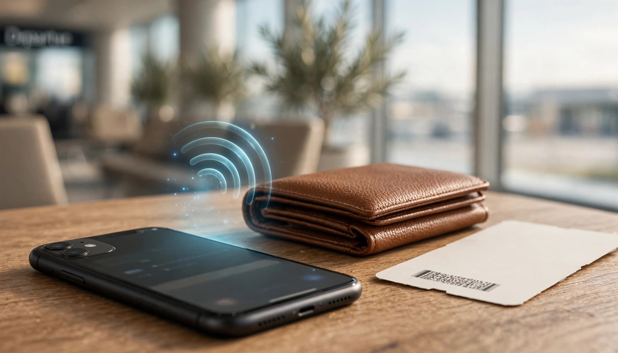 An unlocked smartphone beside a travel wallet and boarding pass on an airport lounge table.