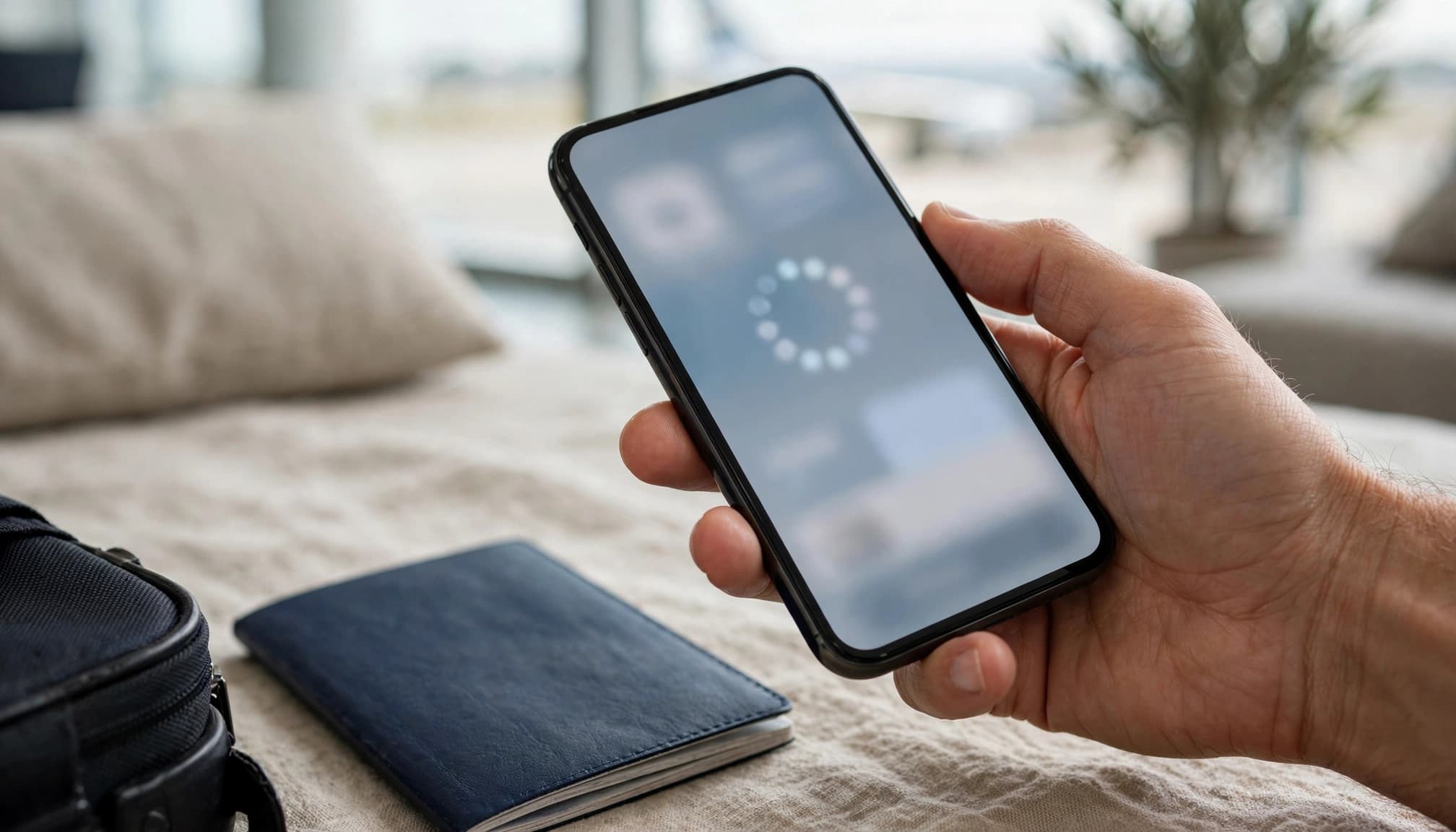 A hand holds a phone beside a passport and carry-on in a sunlit airport lounge.