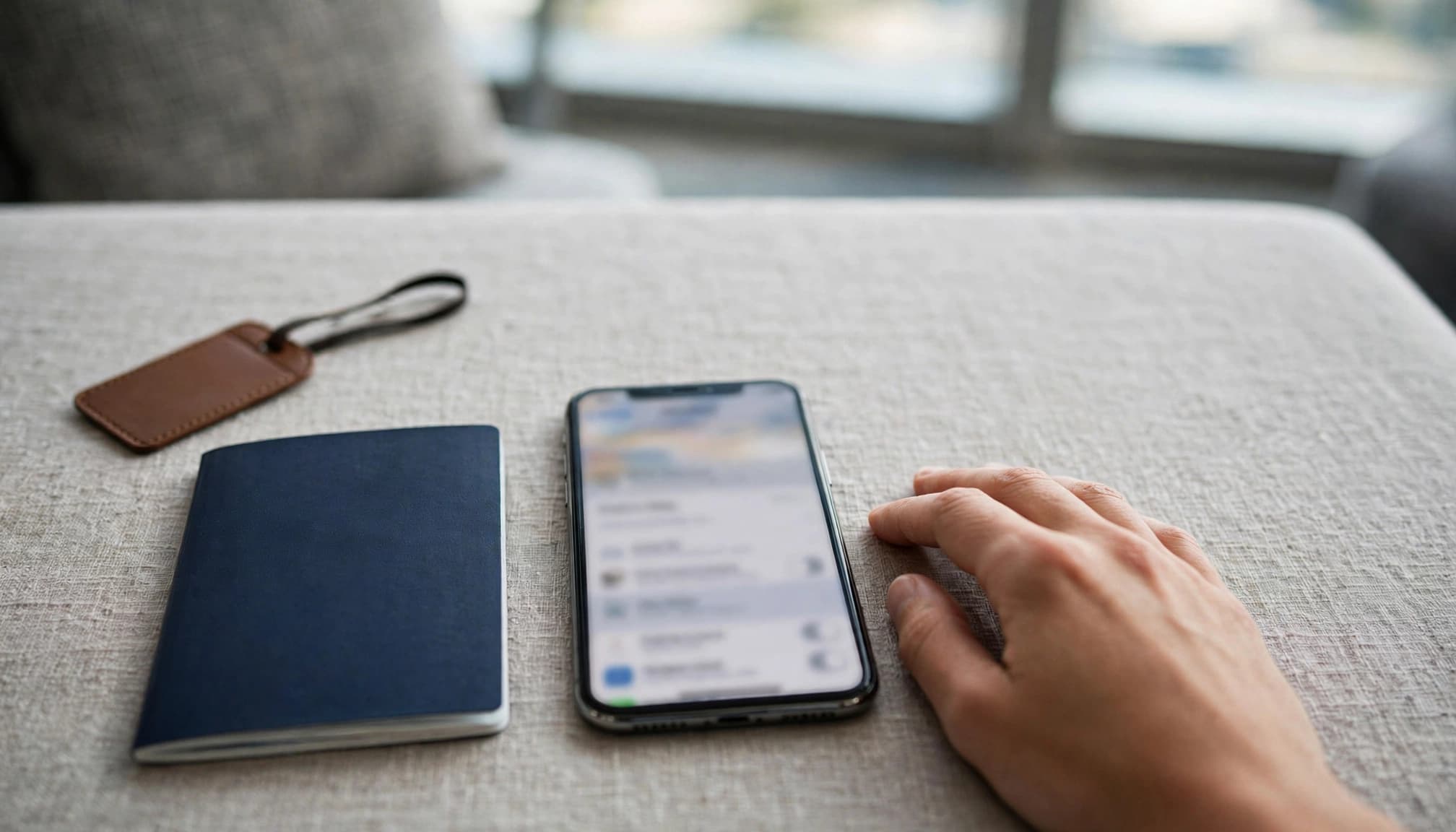 A hand beside a phone, passport, and suitcase tag on an airport lounge table.