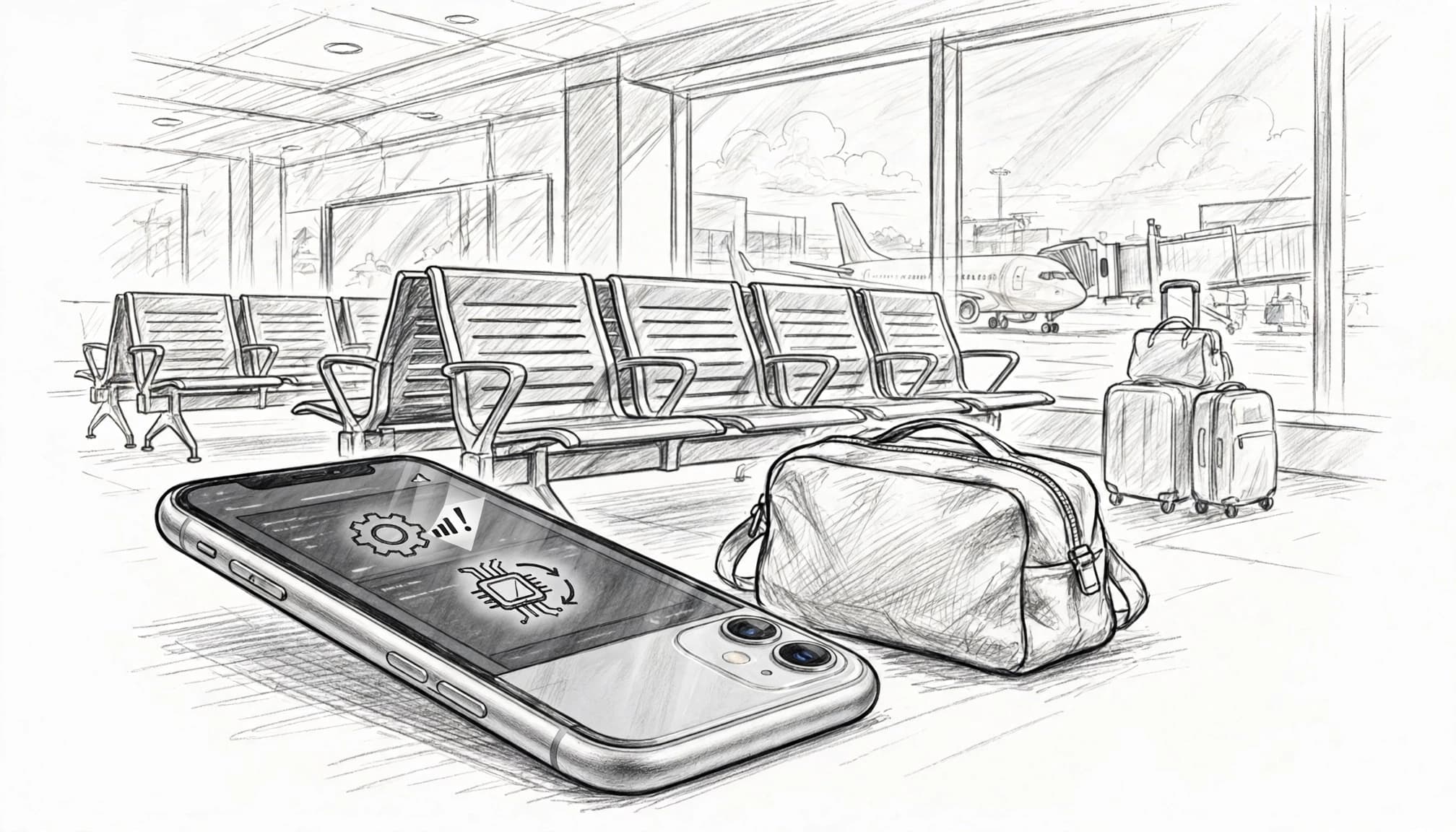 An angled phone beside a travel bag in a quiet airport gate.