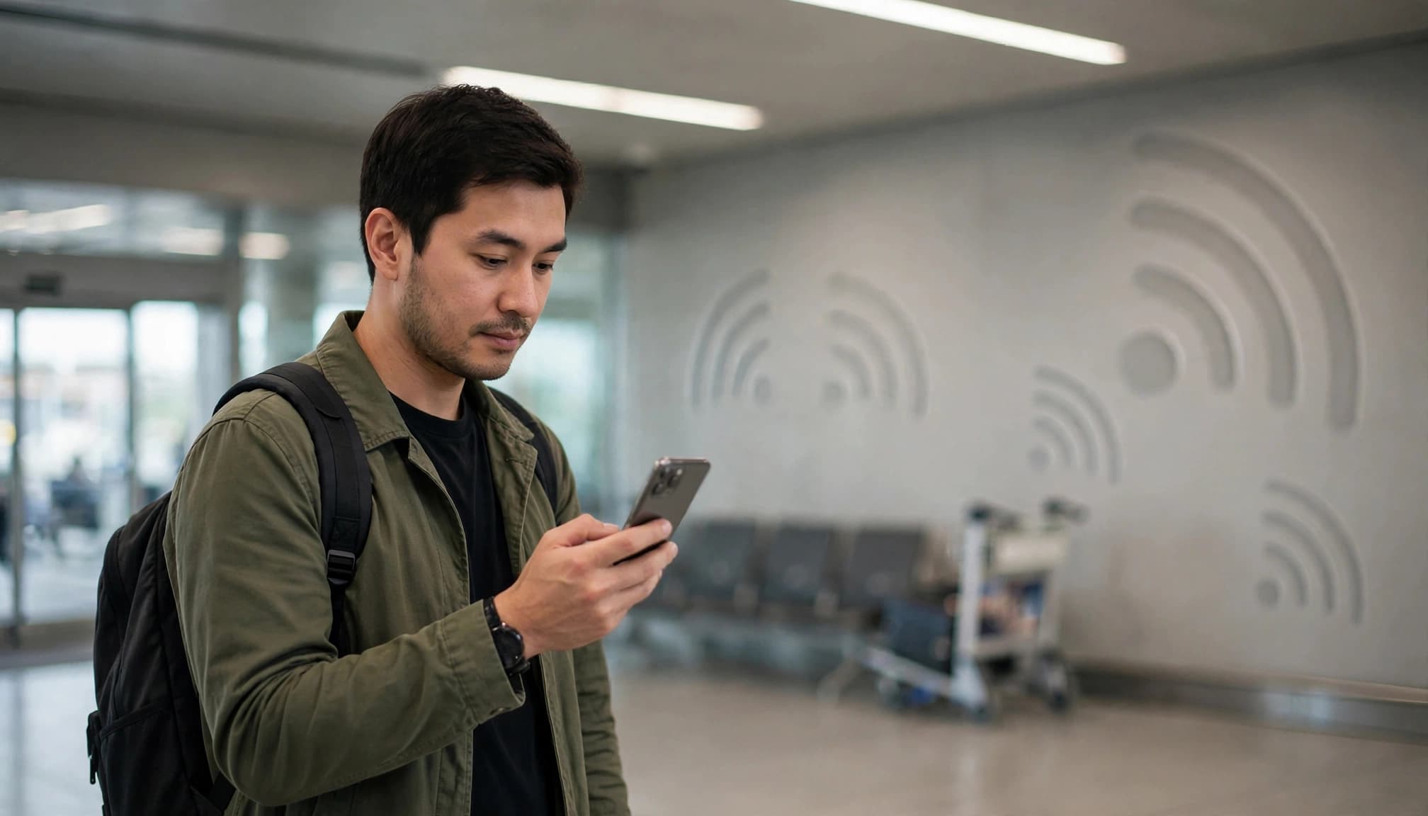 Traveler checks an angled smartphone in an airport arrivals area.