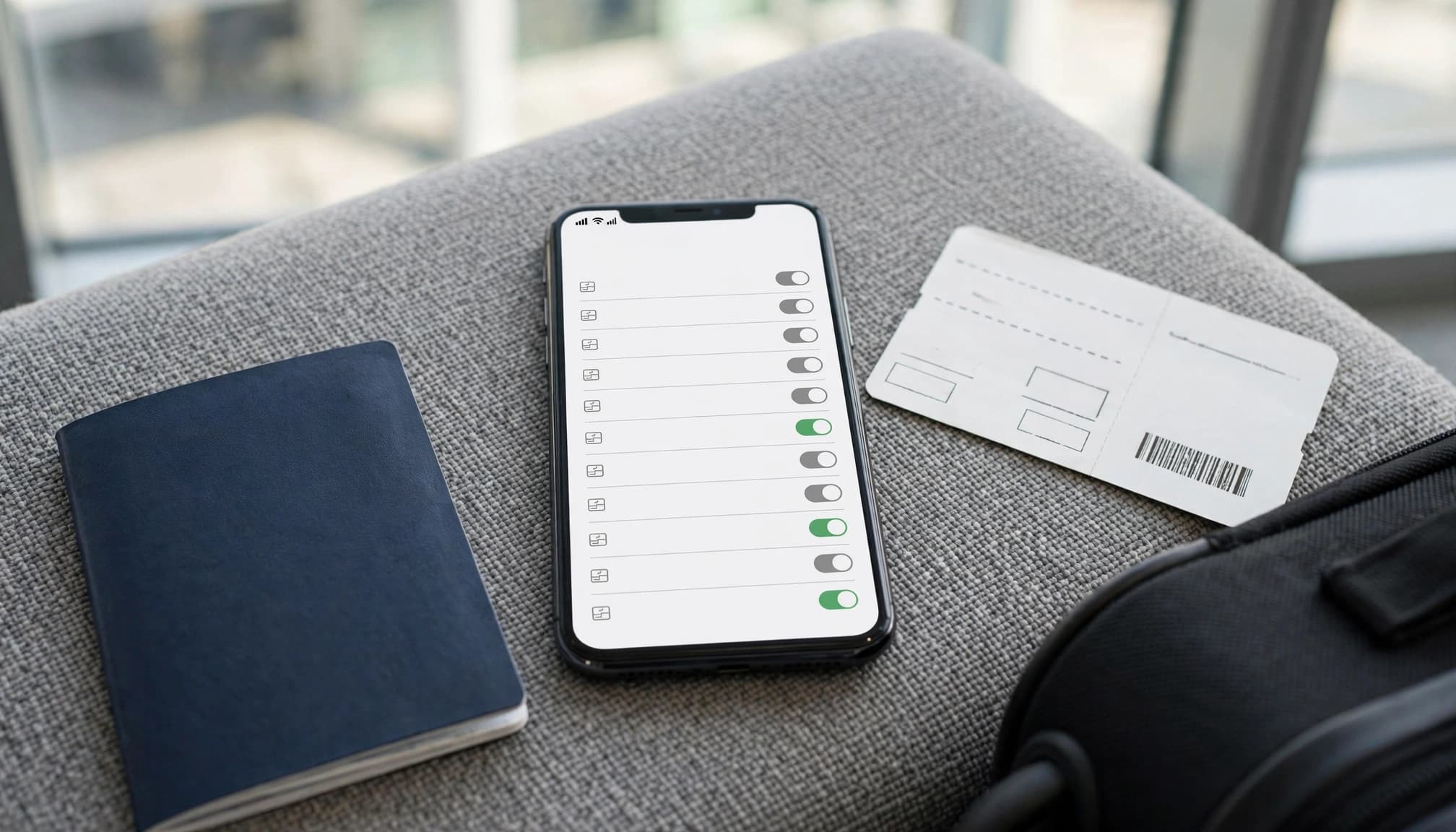 A phone beside a passport and boarding pass on airport seating, with a carry-on nearby.