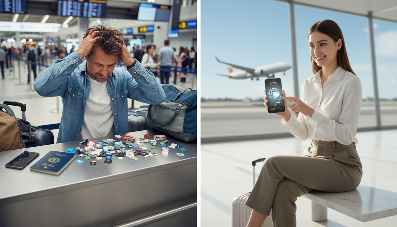 A split image contrasts a stressed traveler frantically searching physical SIM cards at an airport desk with a calm traveler effortlessly tapping their phone for eSIM connectivity.