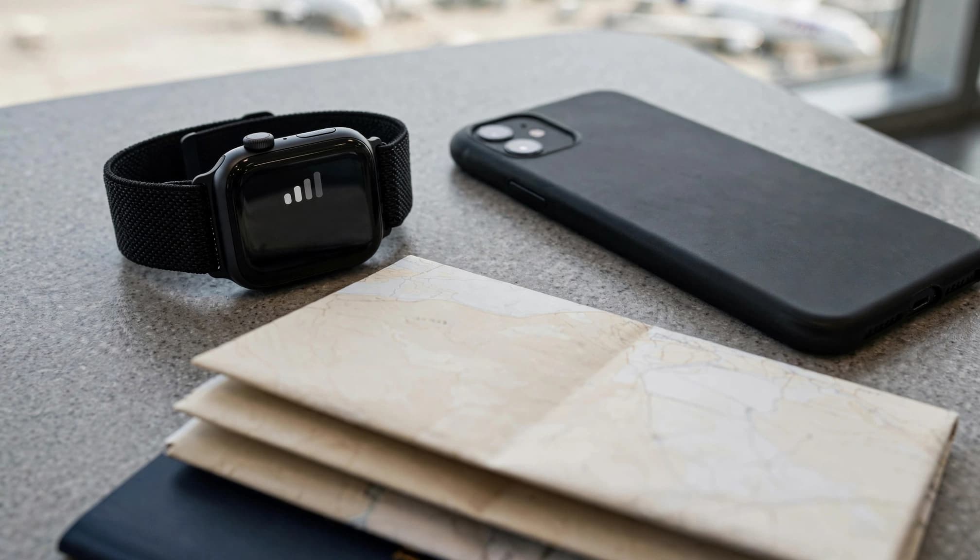 A smartwatch and phone rest beside a folded map and passport on an airport table.
