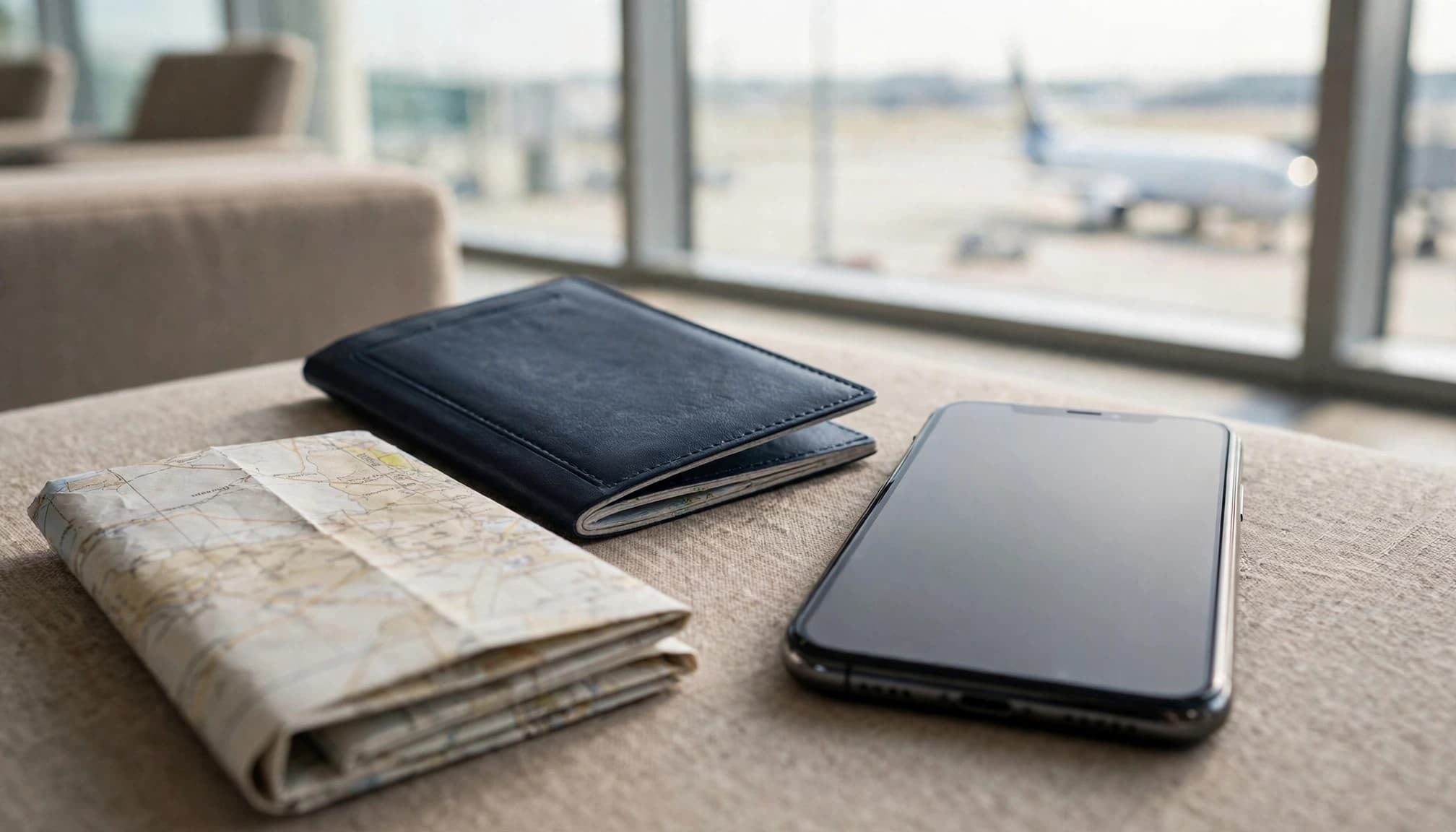 An iPhone, passport, and folded map sit together in a bright airport lounge.