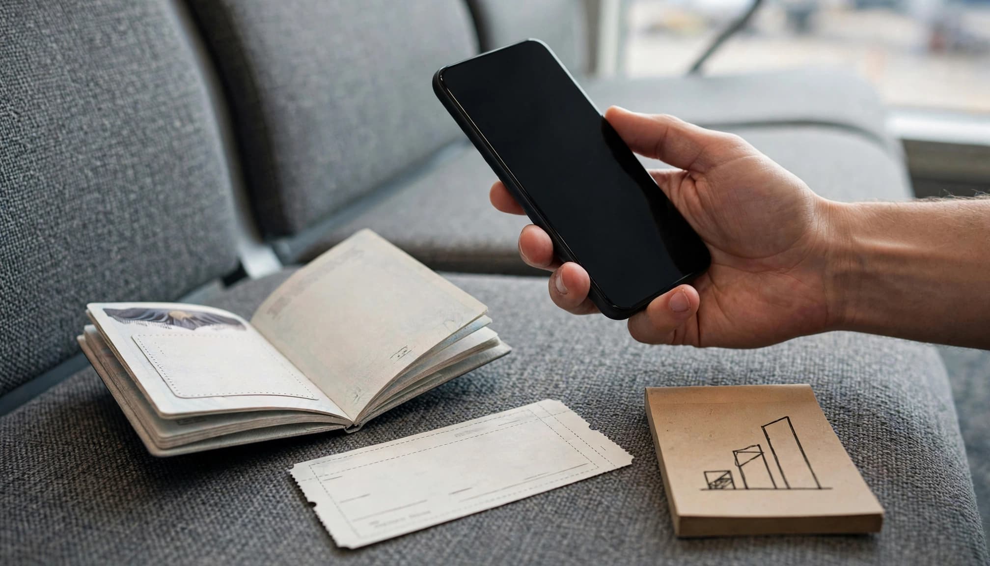 A hand holds a phone beside a passport, transit ticket, and notepad at an airport gate.