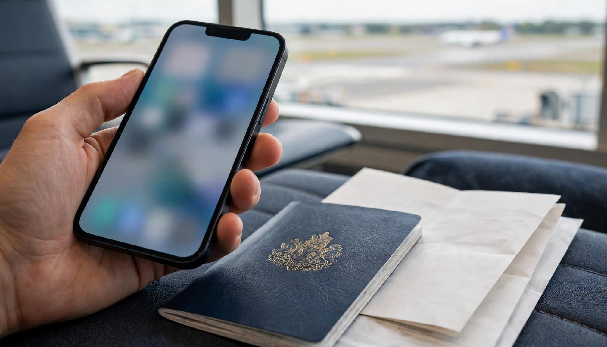 A hand holds a smartphone beside a passport and itinerary at an airport gate.