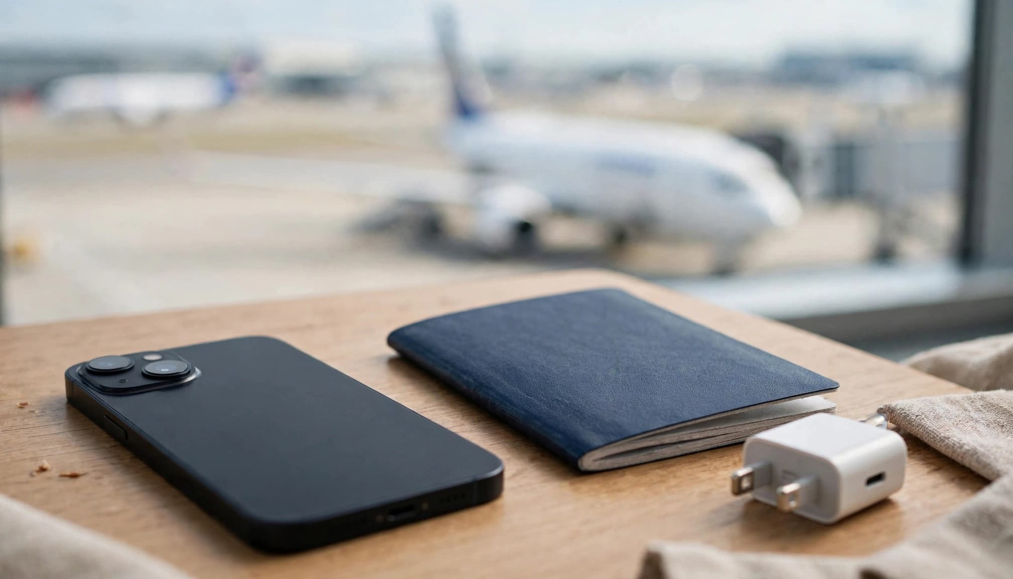 A phone, passport, and travel adapter sit on an airport lounge table by a window.
