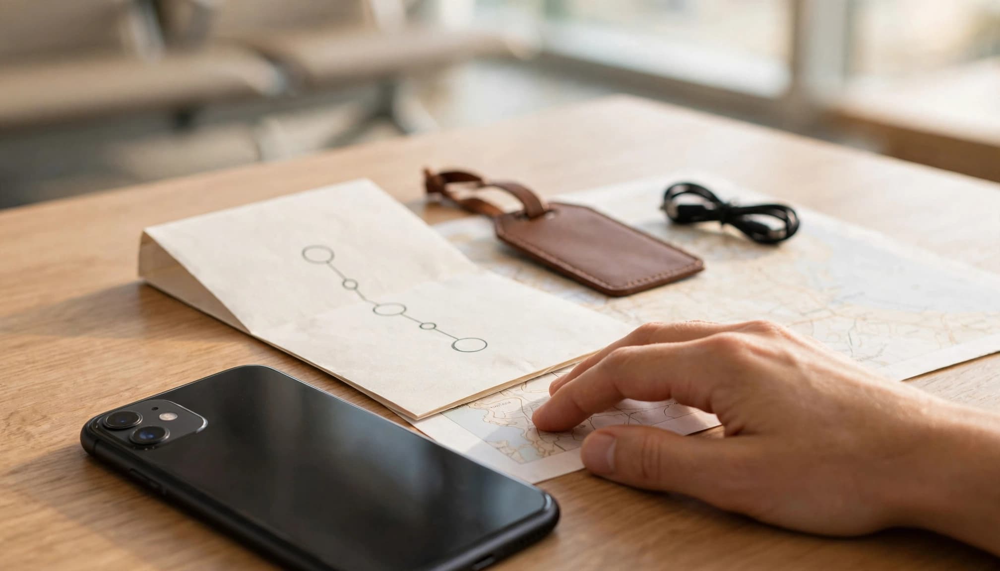 A hand beside a phone, route itinerary, luggage tag, and charging cable on an airport table.