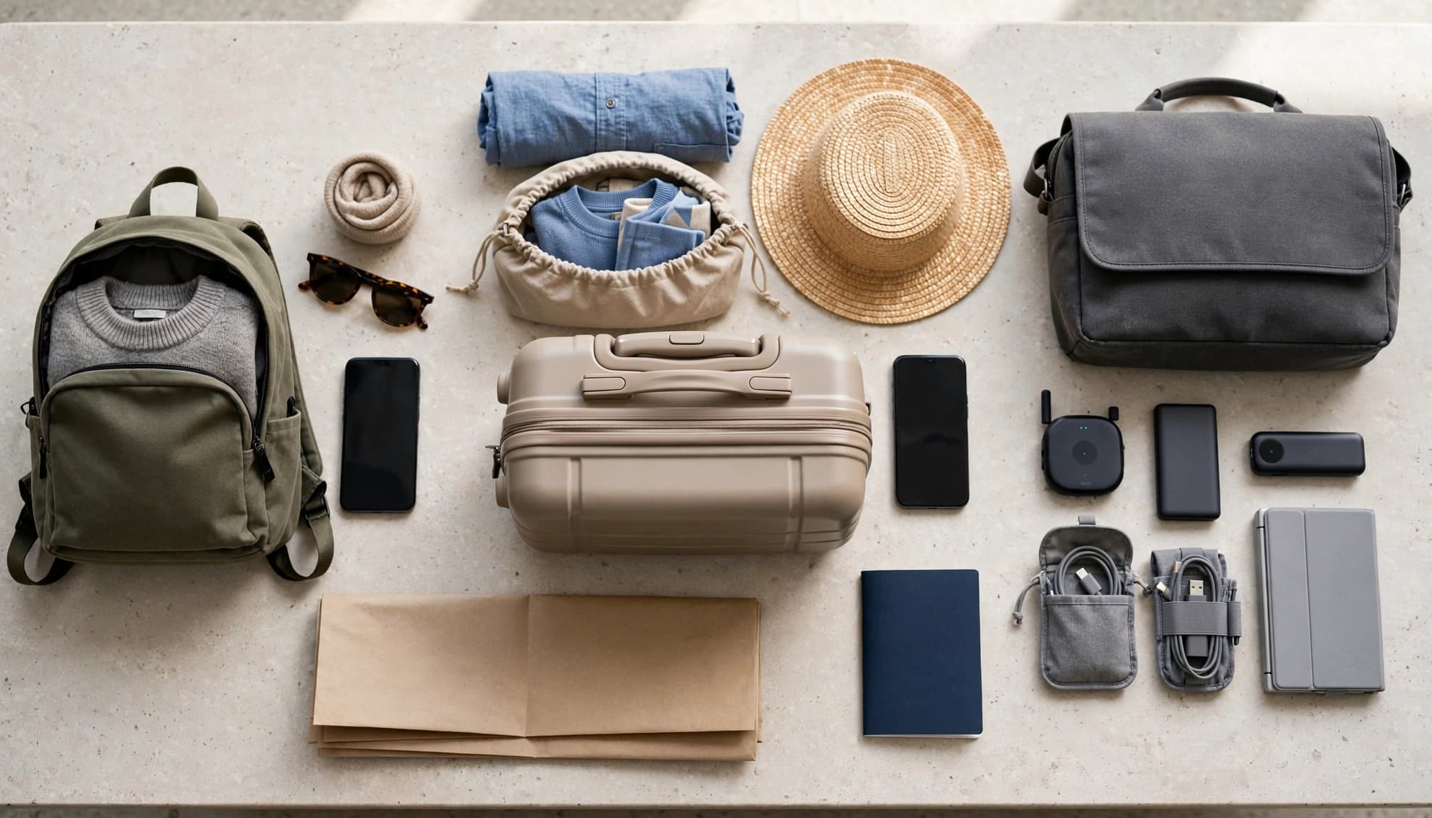 Three travel setups sit beside a folded map and passport.