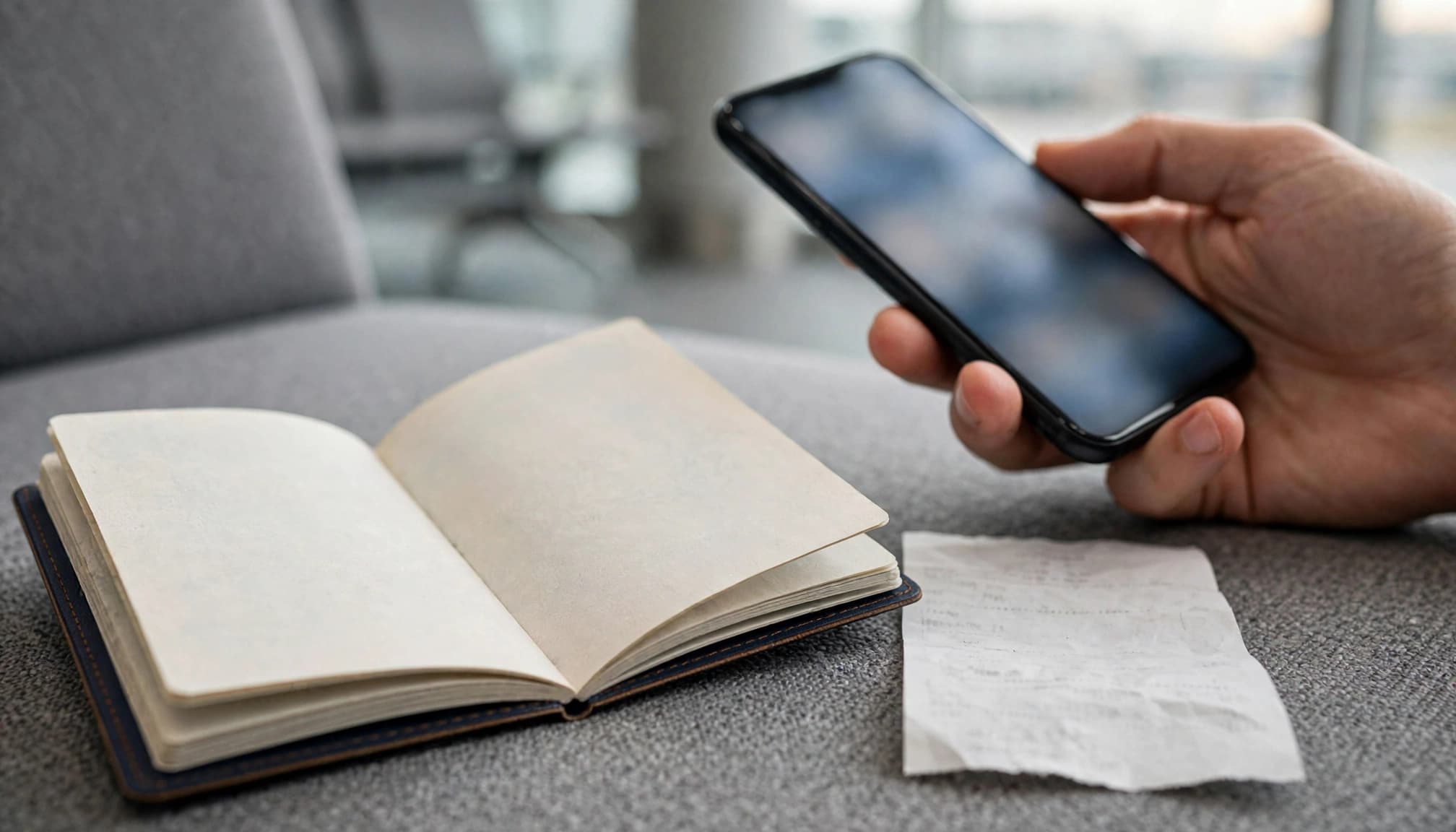 A hand holds a phone beside an open passport and receipt at an airport gate.