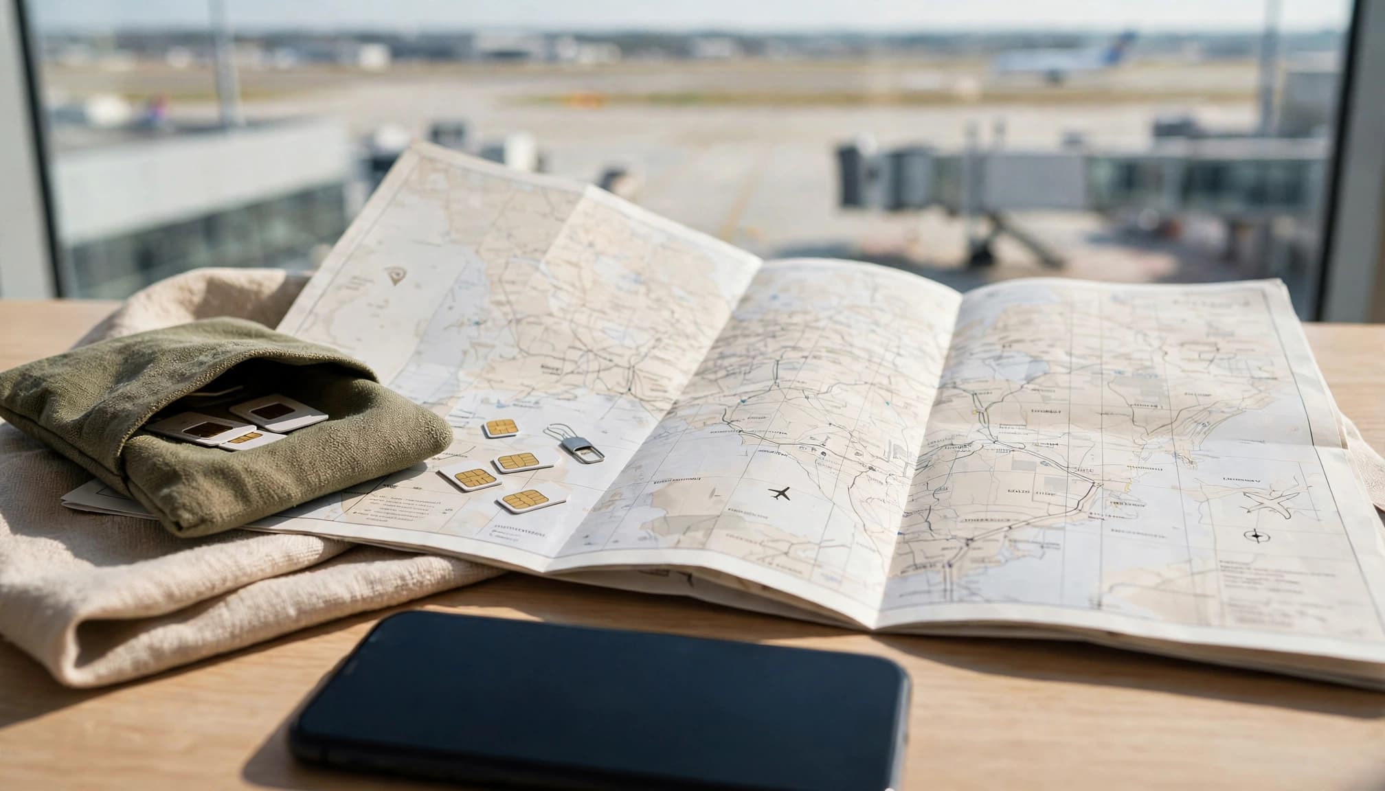 A smartphone and open itinerary sit on a table by an airport window.