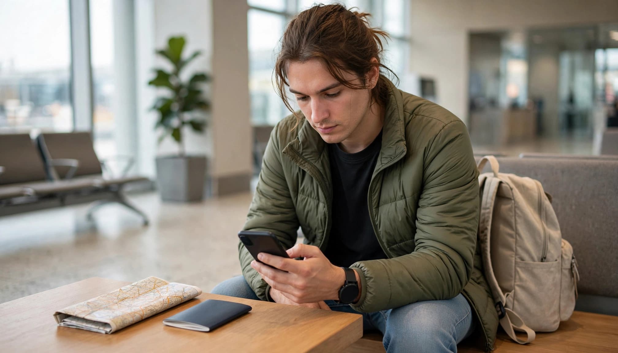 A traveler checks a phone beside a passport and folded map in an airport lounge.
