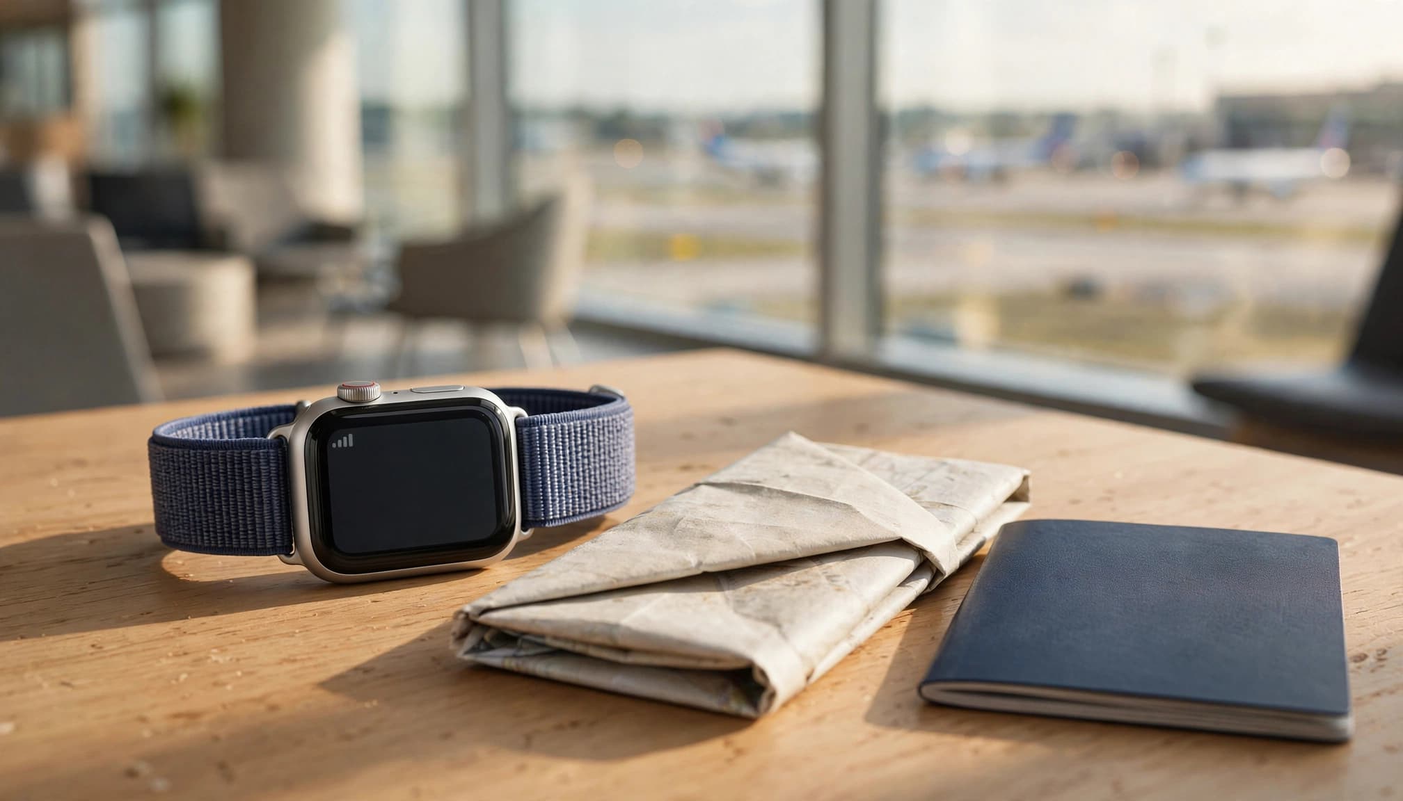 A smartwatch, folded map, and passport sit on a bright airport lounge table.