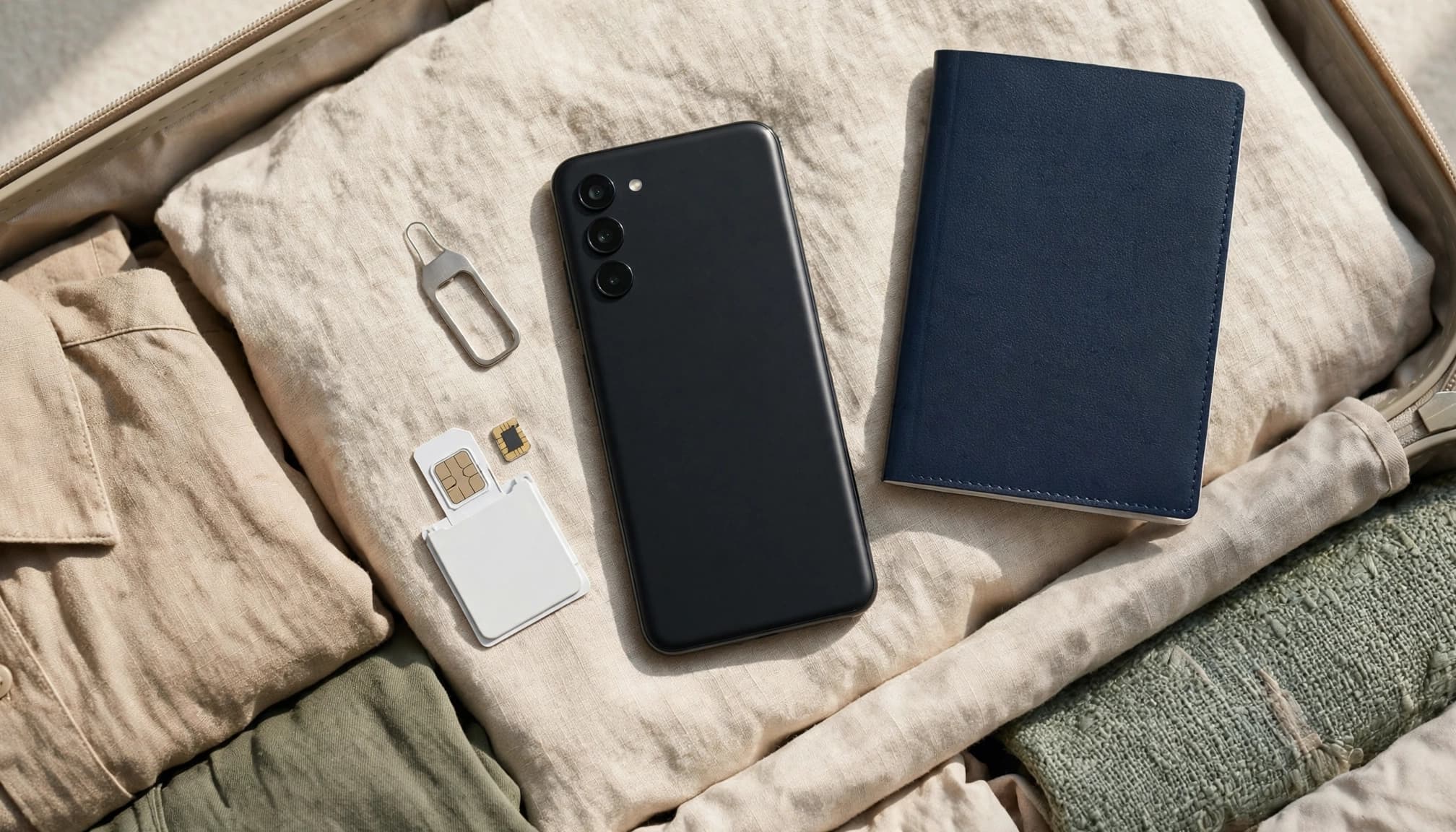 A phone and SIM tray tool sit beside a passport near an open suitcase.