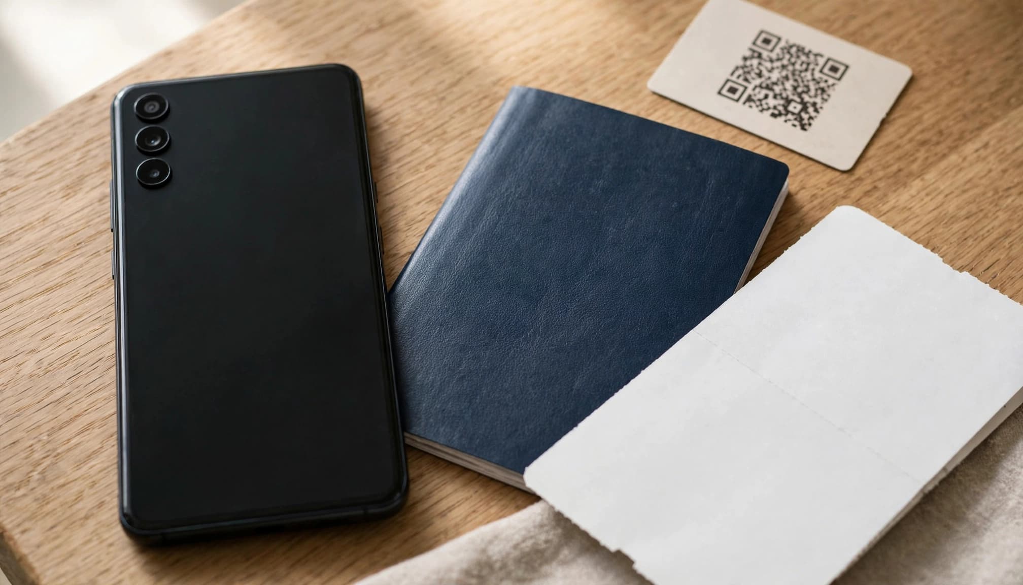 An Android phone, passport, boarding pass, and QR code card on a dining table.