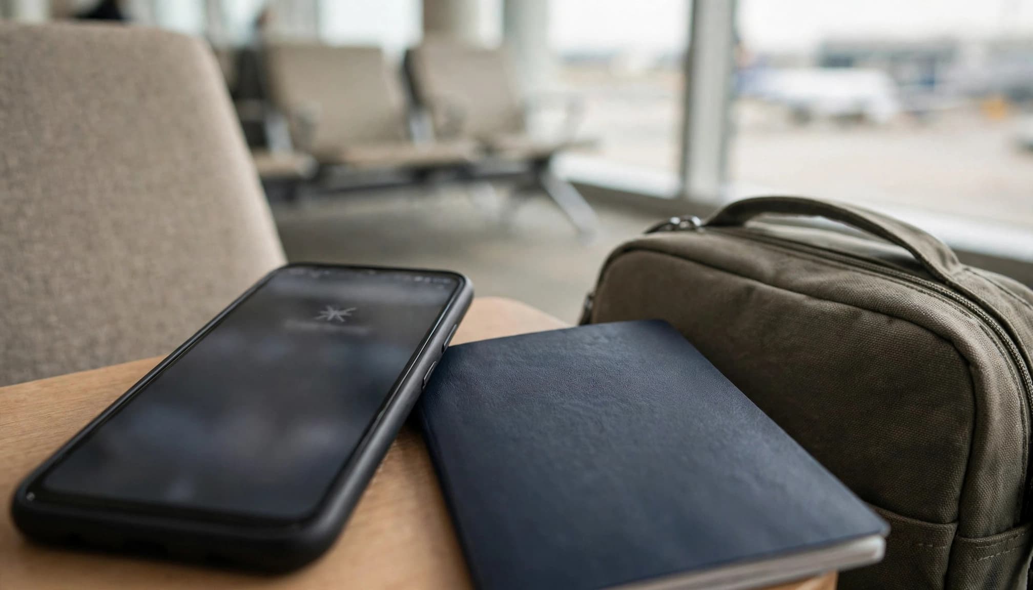 A phone beside a passport and carry-on bag on an airport table.
