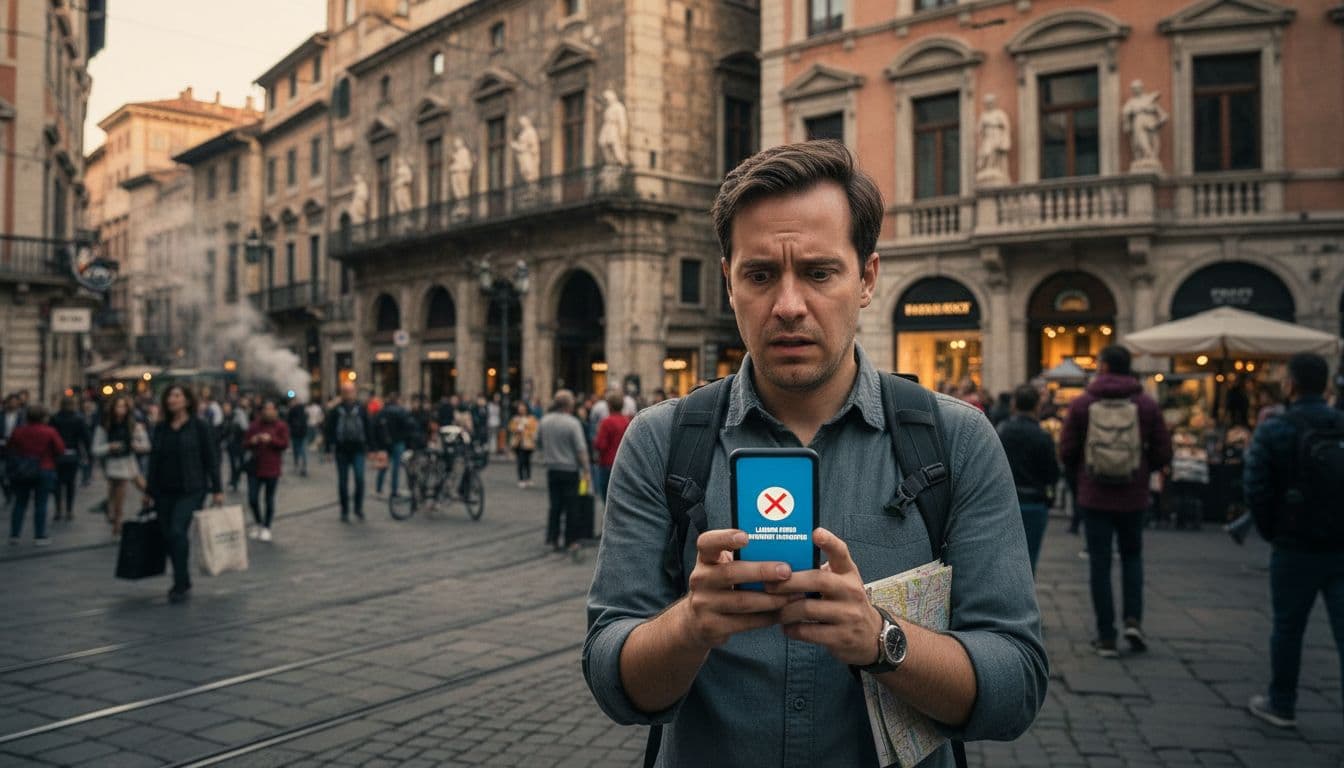 A traveler stands in a busy, confusing foreign street intersection, looking anxiously at a smartphone screen showing a loading error icon, with blurred old European architecture in the background, evoking distress and need for connection.