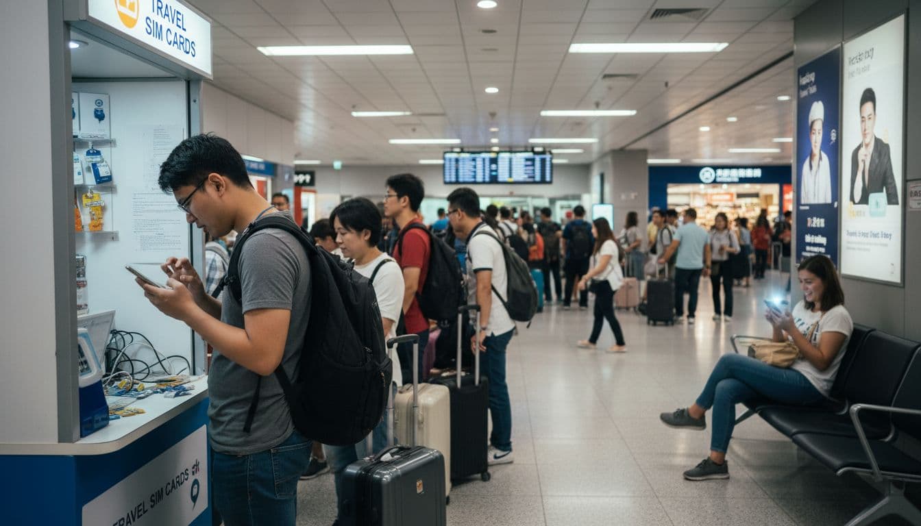 In a busy, brightly lit Asian airport arrival hall, a frustrated traveler looks at their phone near a physical SIM kiosk, contrasting with a nearby happy traveler enjoying digital connectivity.