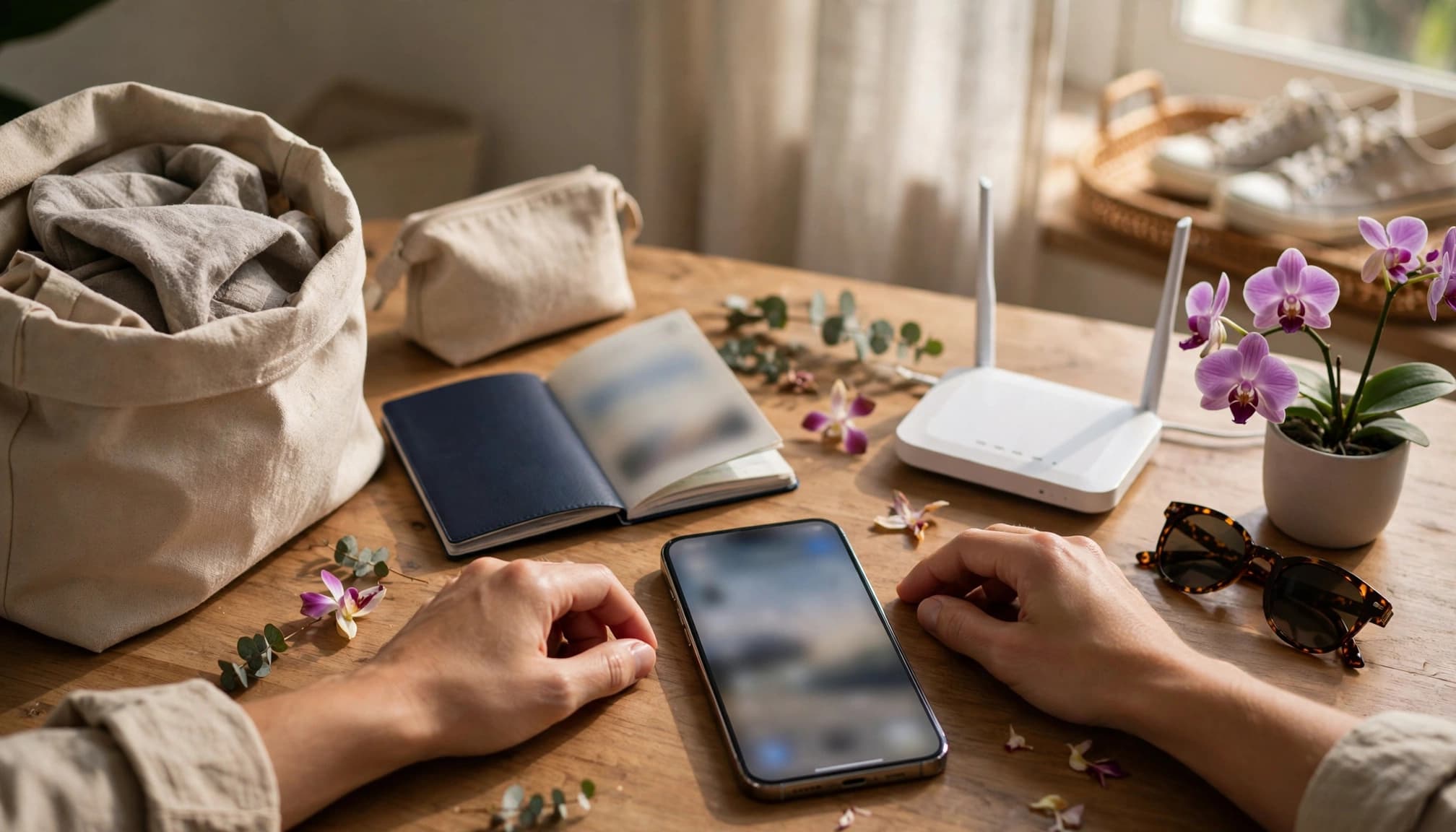 A traveler prepares a smartphone beside a passport, carry-on bag, and Wi-Fi router.