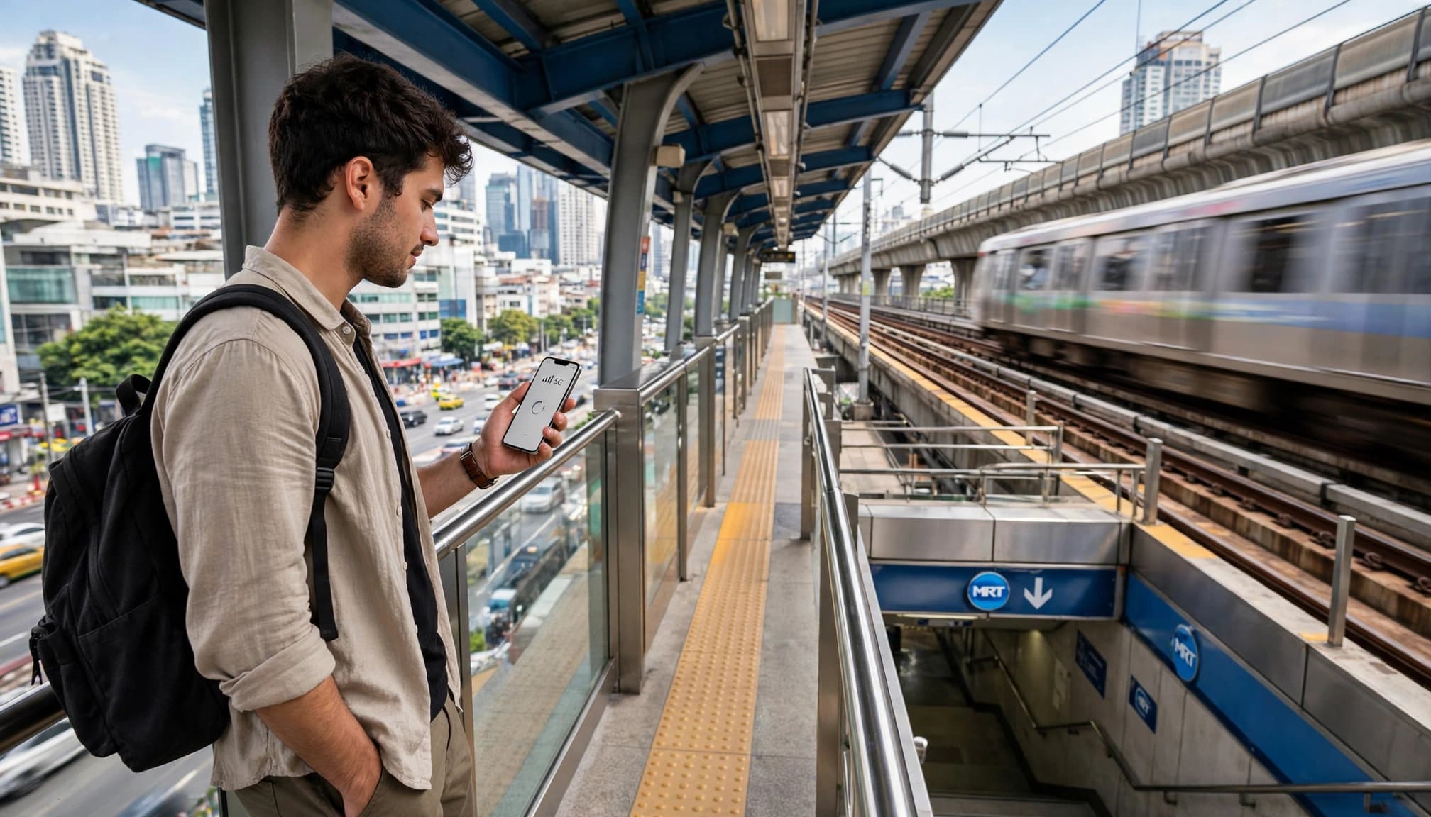 Traveler checking a smartphone on a busy Bangkok train platform.