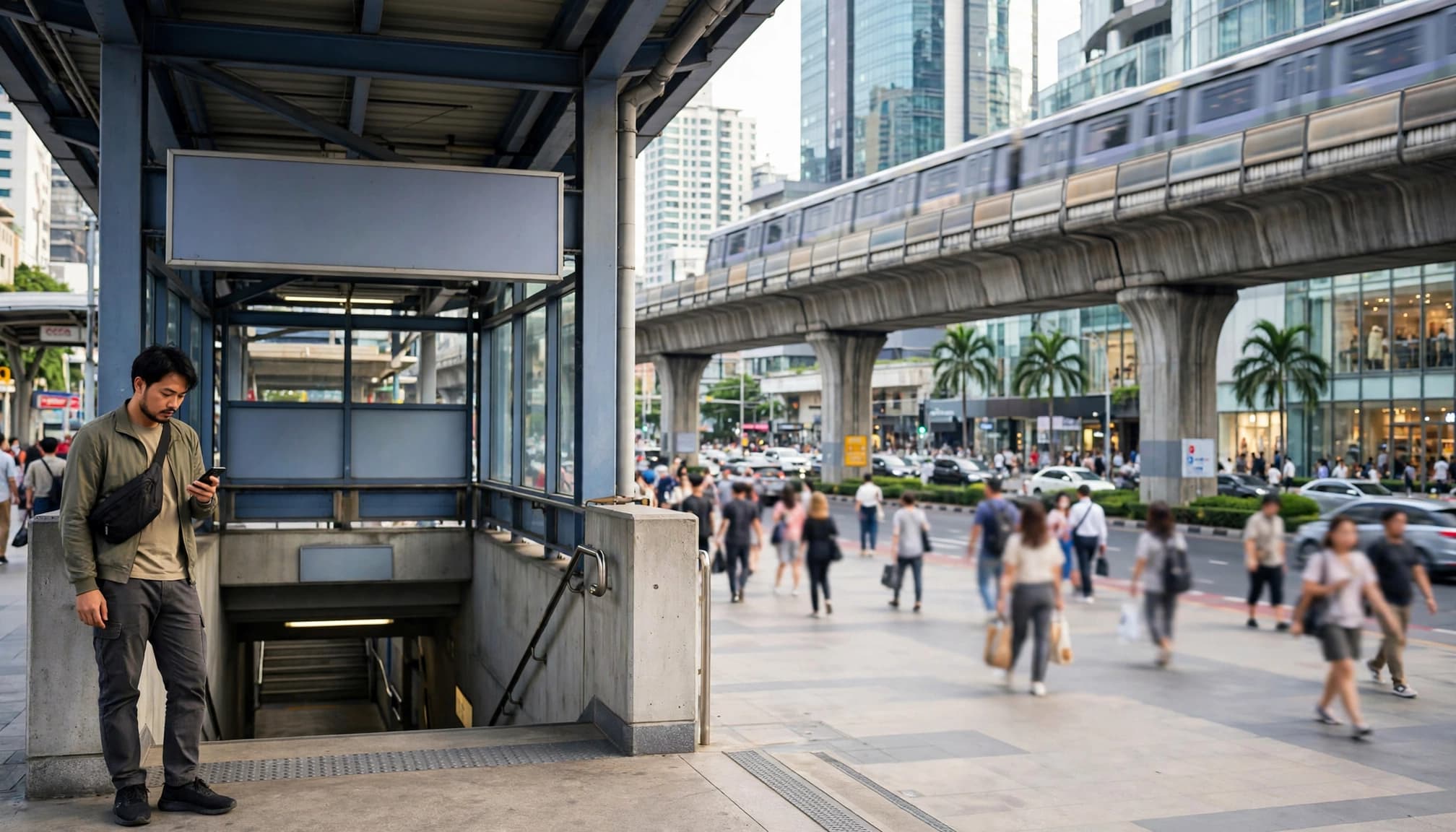 A traveler checks a phone beside a busy Bangkok BTS station entrance.