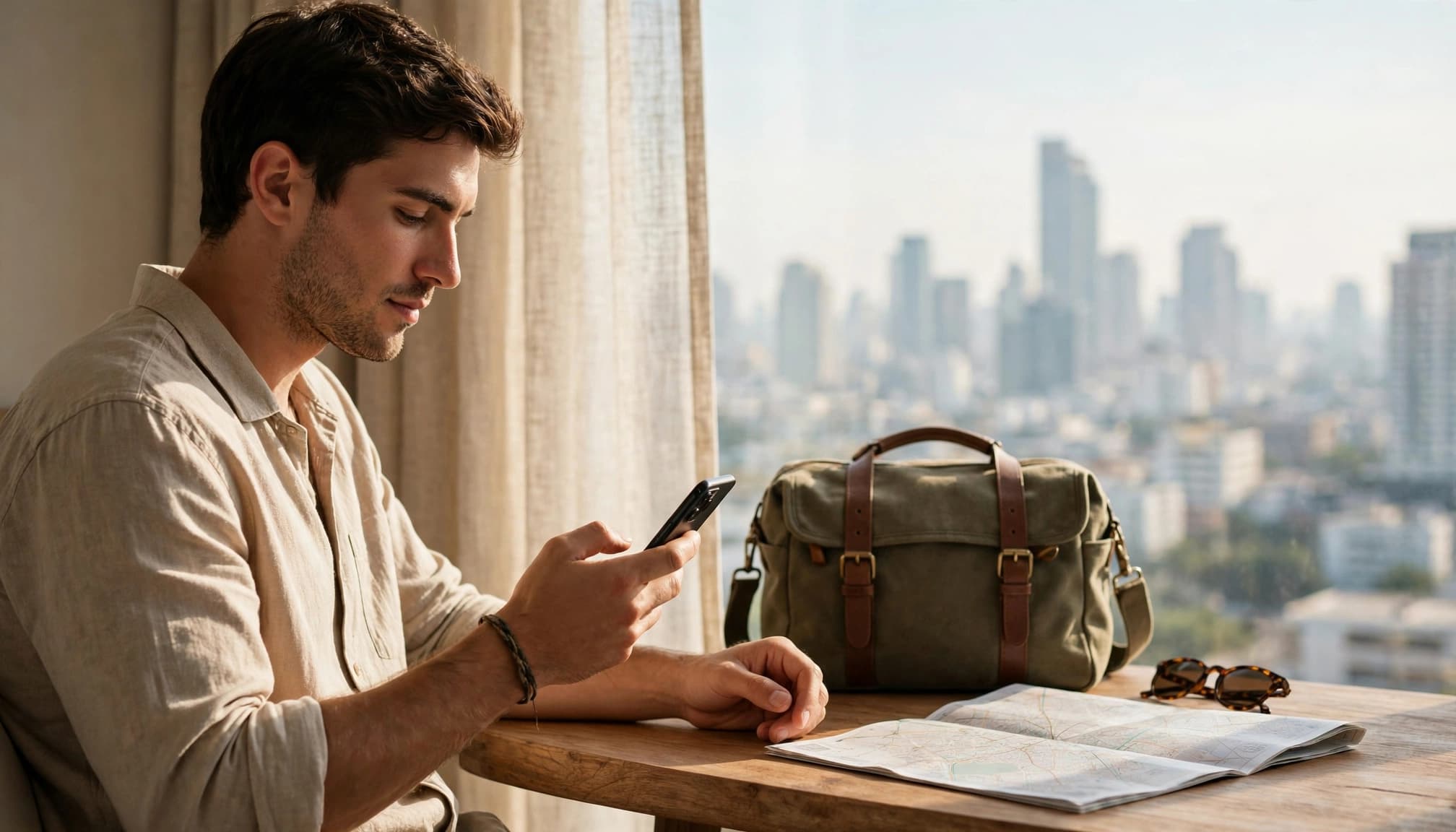 Traveler holding a smartphone beside a bag and map in a bright Bangkok hotel room.