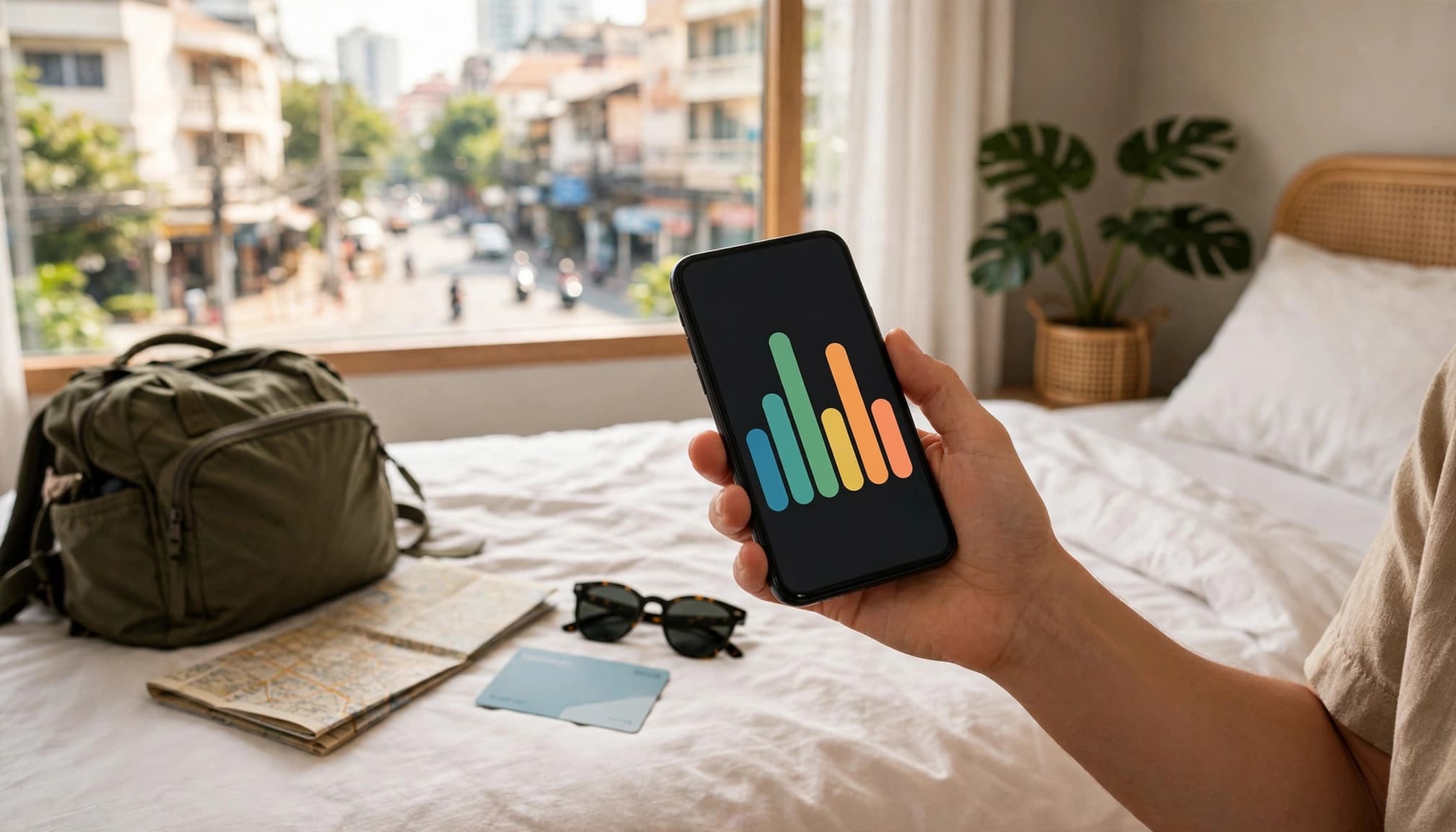 Traveler checking abstract data bars beside a packed bag and map in a Bangkok hotel room.