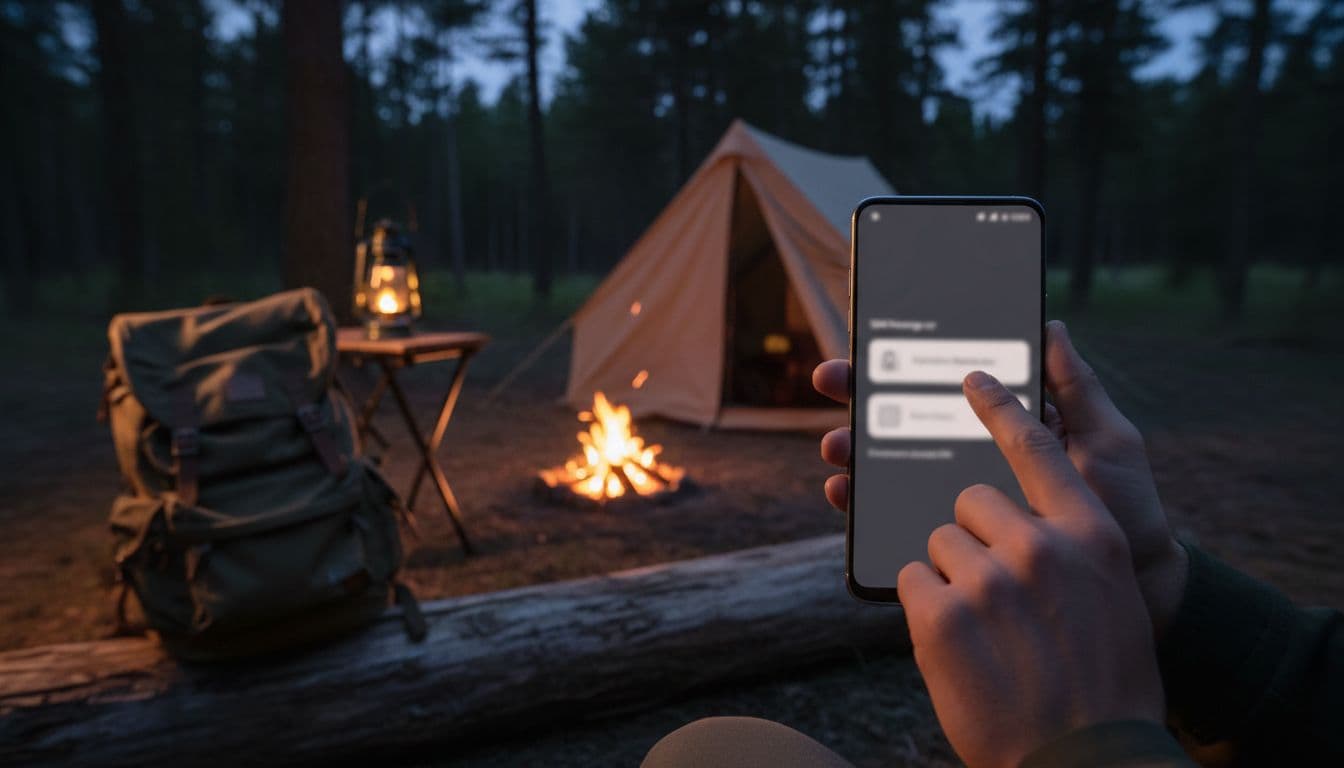 Realistic photograph of a camper sitting on a log by a tent in a wooded campground at dusk, holding a Samsung Galaxy smartphone with a blurred SIM card manager interface showing two SIM options, finger selecting the preferred data SIM, campfire glow in the background.