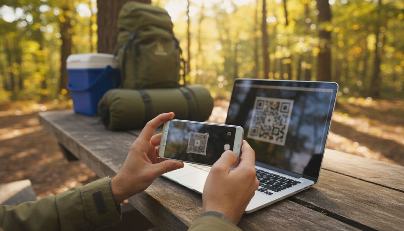 Realistic photo of a person at a wooden picnic table in a forested campground, scanning a QR code on a nearby laptop screen using a Samsung Galaxy smartphone held in landscape orientation, with camping gear in the soft-focus background under natural sunlight.