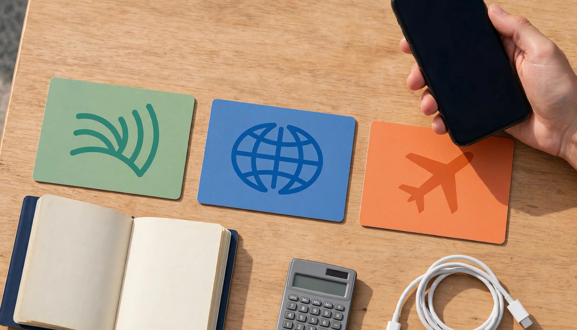 Hand comparing three travel eSIM cards beside a phone, passport, cable, and calculator.