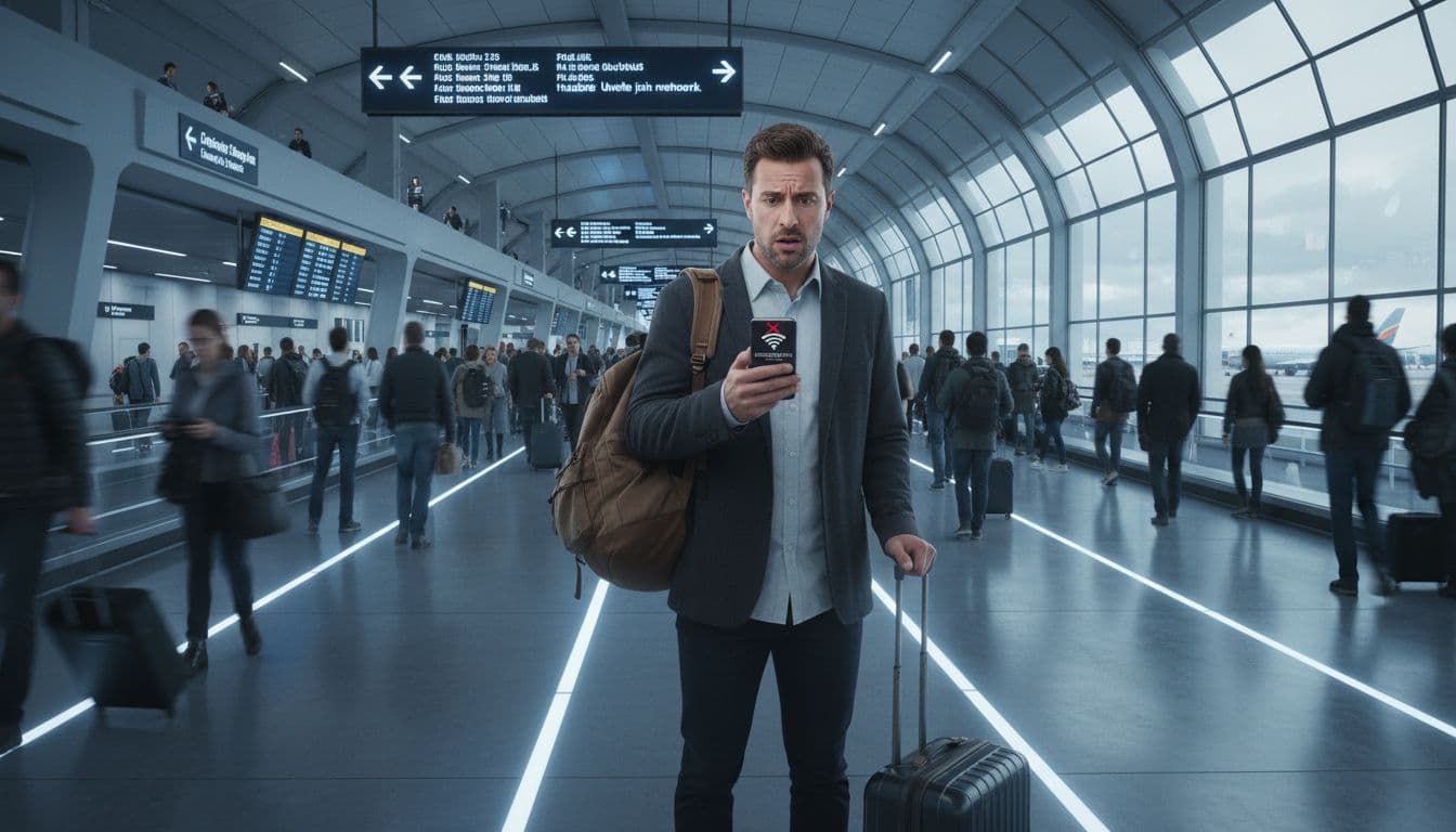 A traveler looks confused in a busy modern international airport terminal, holding a smartphone displaying a connection error. Blurred signs and rushing travelers in the background create a frustrating yet puzzling technological mood.