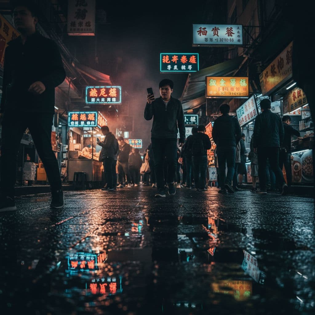 A dramatic, low-angle view of a dimly lit, crowded Asian street market at night, with neon signs reflecting off puddles, emphasizing the difficulty of navigating without a reliable mobile connection, creating a moody, slightly stressful atmosphere.